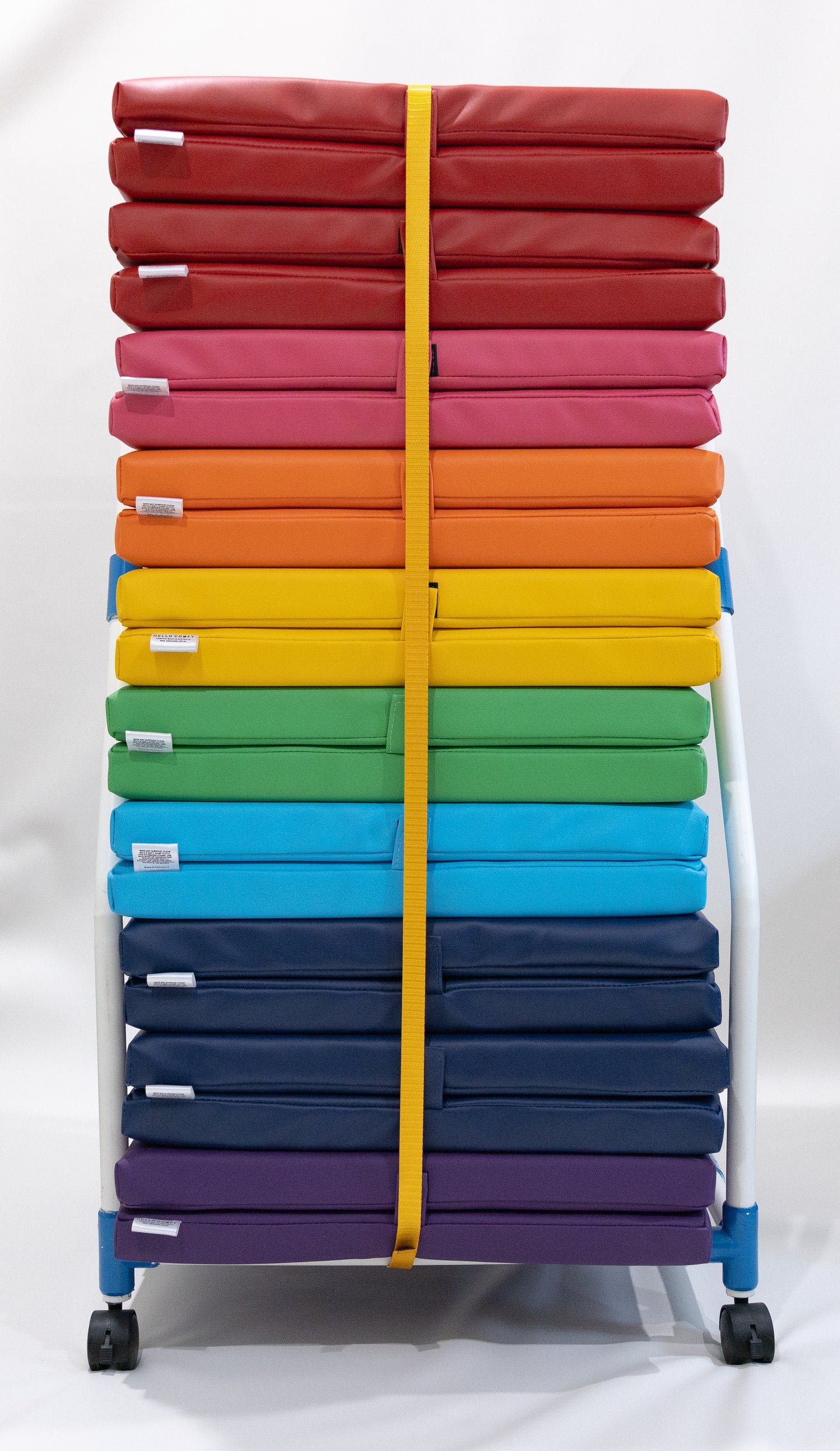 Child Care Mat Storage Trolley: Australian-Made. Ideal for Busy Child Care, Early Learning, Kindergartens, Schools & Homes. Premium PVC construction. Organise up to 10 Sleep Rest Mats. Easy mobility & safety features. Compatible with Flat & Foldable Mats.