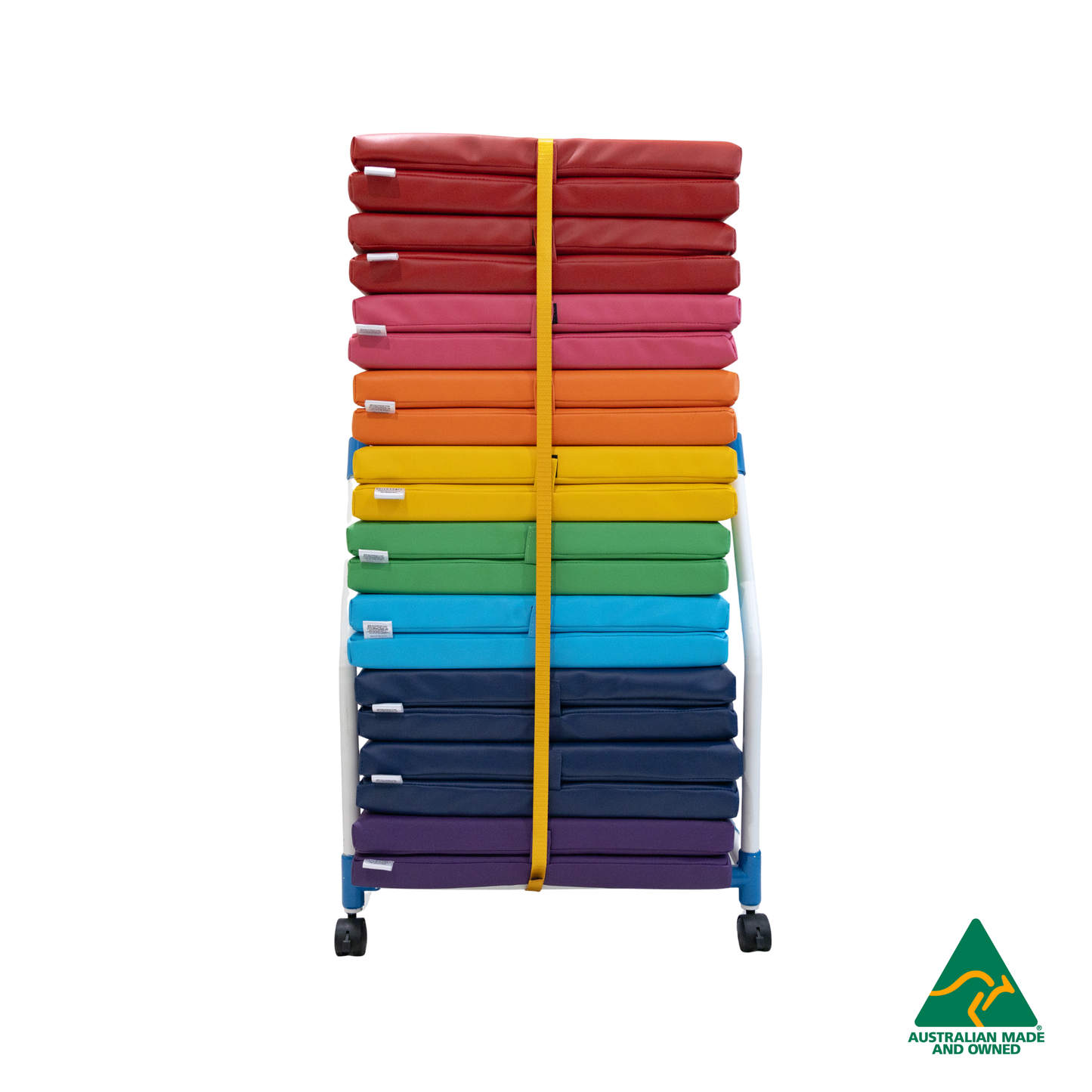 Child Care Mat Storage Trolley: Australian-Made. Ideal for Busy Child Care, Early Learning, Kindergartens, Schools & Homes. Premium PVC construction. Organise up to 10 Sleep Rest Mats. Easy mobility & safety features. Compatible with Flat & Foldable Mats.