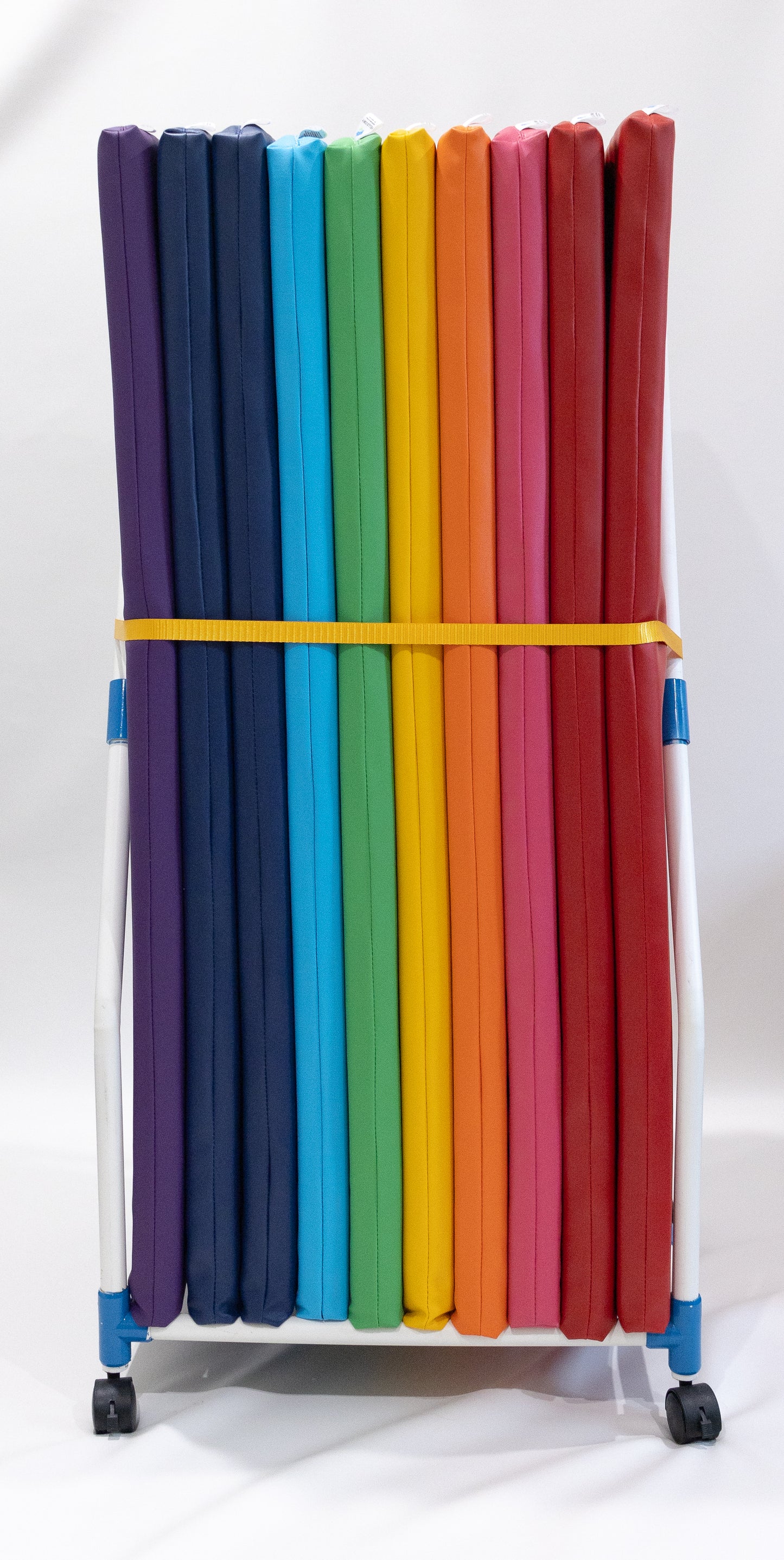 Child Care Mat Storage Trolley: Australian-Made. Ideal for Busy Child Care, Early Learning, Kindergartens, Schools & Homes. Premium PVC construction. Organise up to 10 Sleep Rest Mats. Easy mobility & safety features. Compatible with Flat & Foldable Mats.