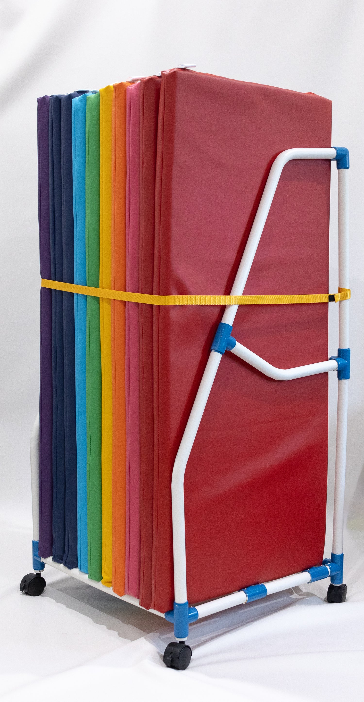 Child Care Mat Storage Trolley: Australian-Made. Ideal for Busy Child Care, Early Learning, Kindergartens, Schools & Homes. Premium PVC construction. Organise up to 10 Sleep Rest Mats. Easy mobility & safety features. Compatible with Flat & Foldable Mats.