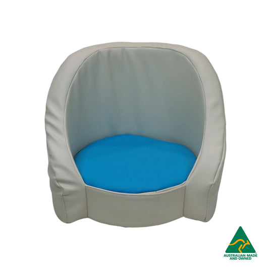 Front view of blue Hello Comfy Child Care Cuddle Chair made from waterproof PVC vinyl and foam, with customisable detachable dual-colour seat pad, Australian-made, ideal for child care and daycare centres