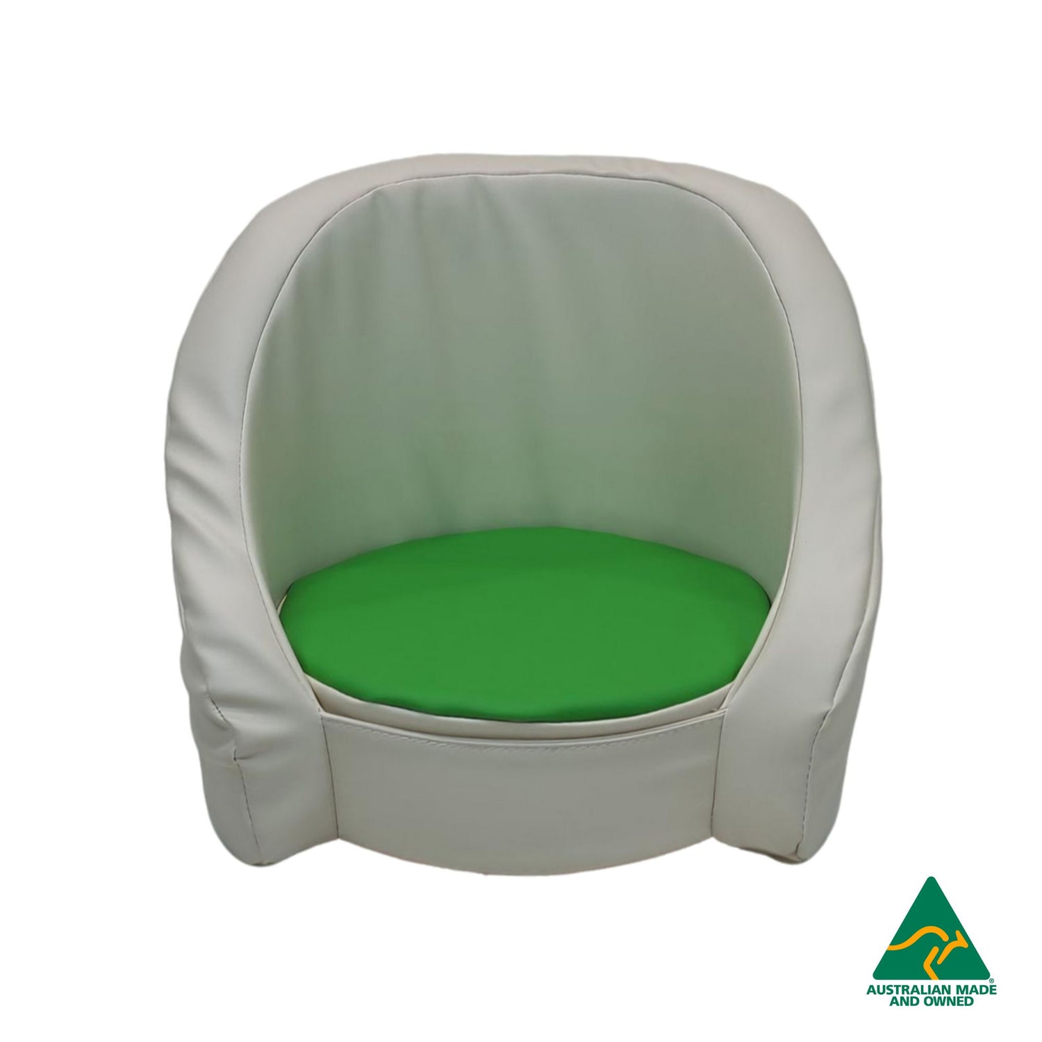 Front view of green Hello Comfy Child Care Cuddle Chair made from waterproof PVC vinyl and foam, with customisable detachable dual-colour seat pad, Australian-made, ideal for child care and daycare centres