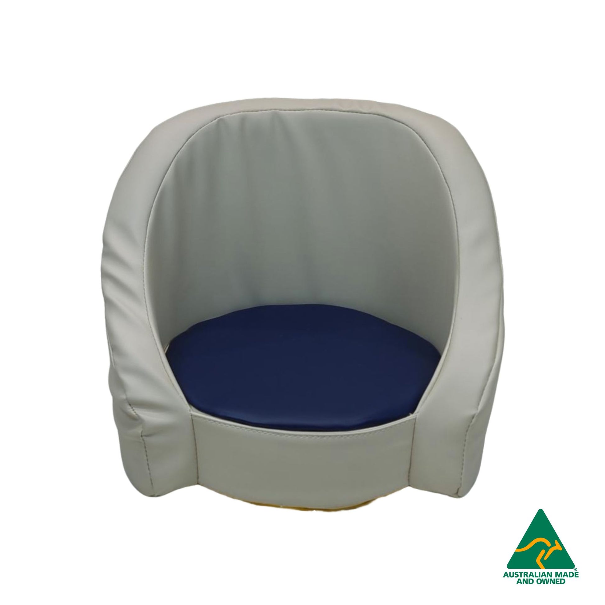 Front view of navy Hello Comfy Child Care Cuddle Chair made from waterproof PVC vinyl and foam, with customisable detachable dual-colour seat pad, Australian-made, ideal for child care and daycare centres