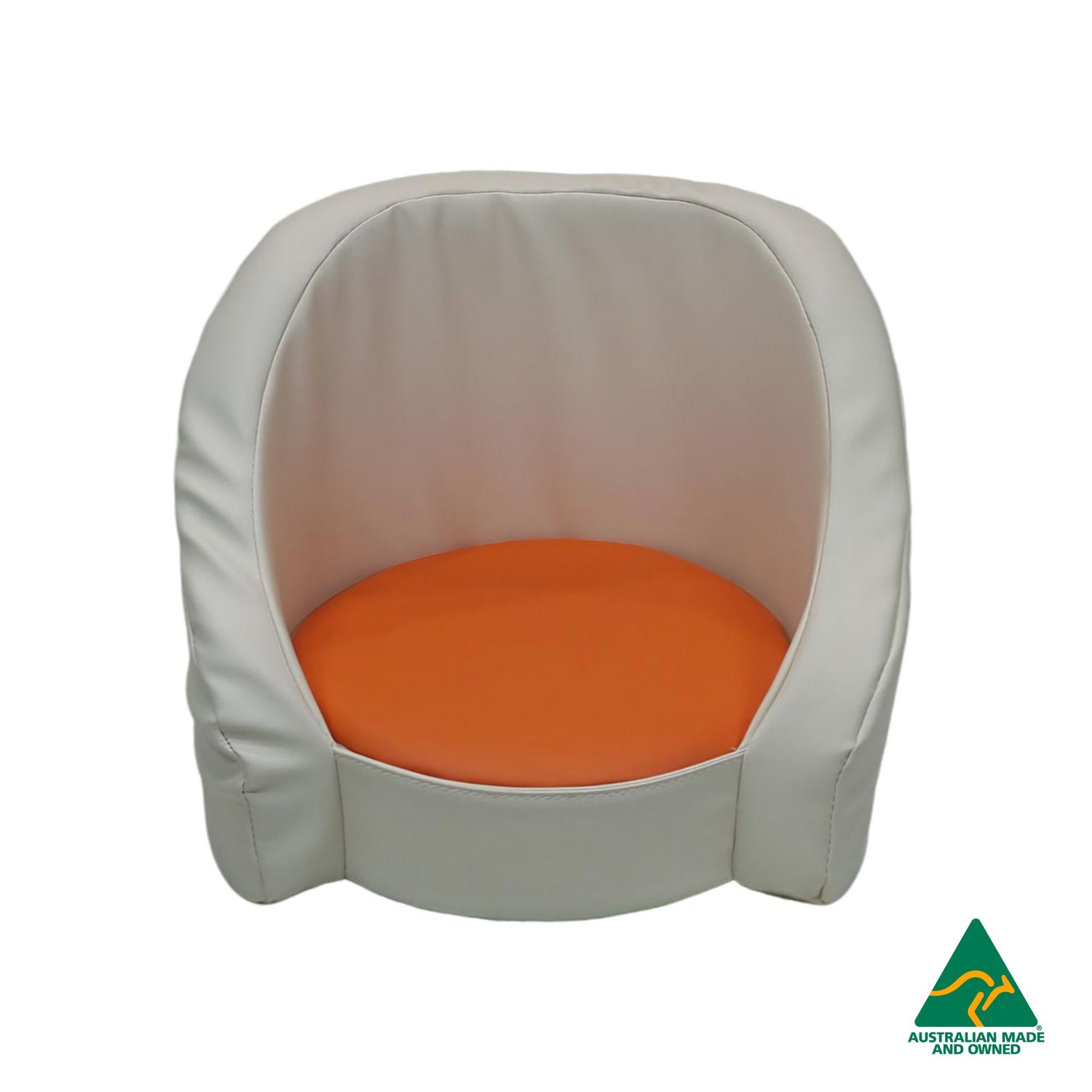 Front view of orange Hello Comfy Child Care Cuddle Chair made from waterproof PVC vinyl and foam, with customisable detachable dual-colour seat pad, Australian-made, ideal for child care and daycare centres