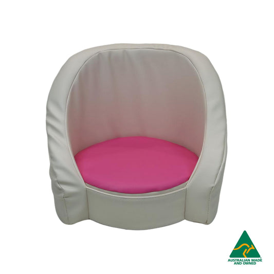 Front view of pink Hello Comfy Child Care Cuddle Chair made from waterproof PVC vinyl and foam, with customisable detachable dual-colour seat pad, Australian-made, ideal for child care and daycare centres