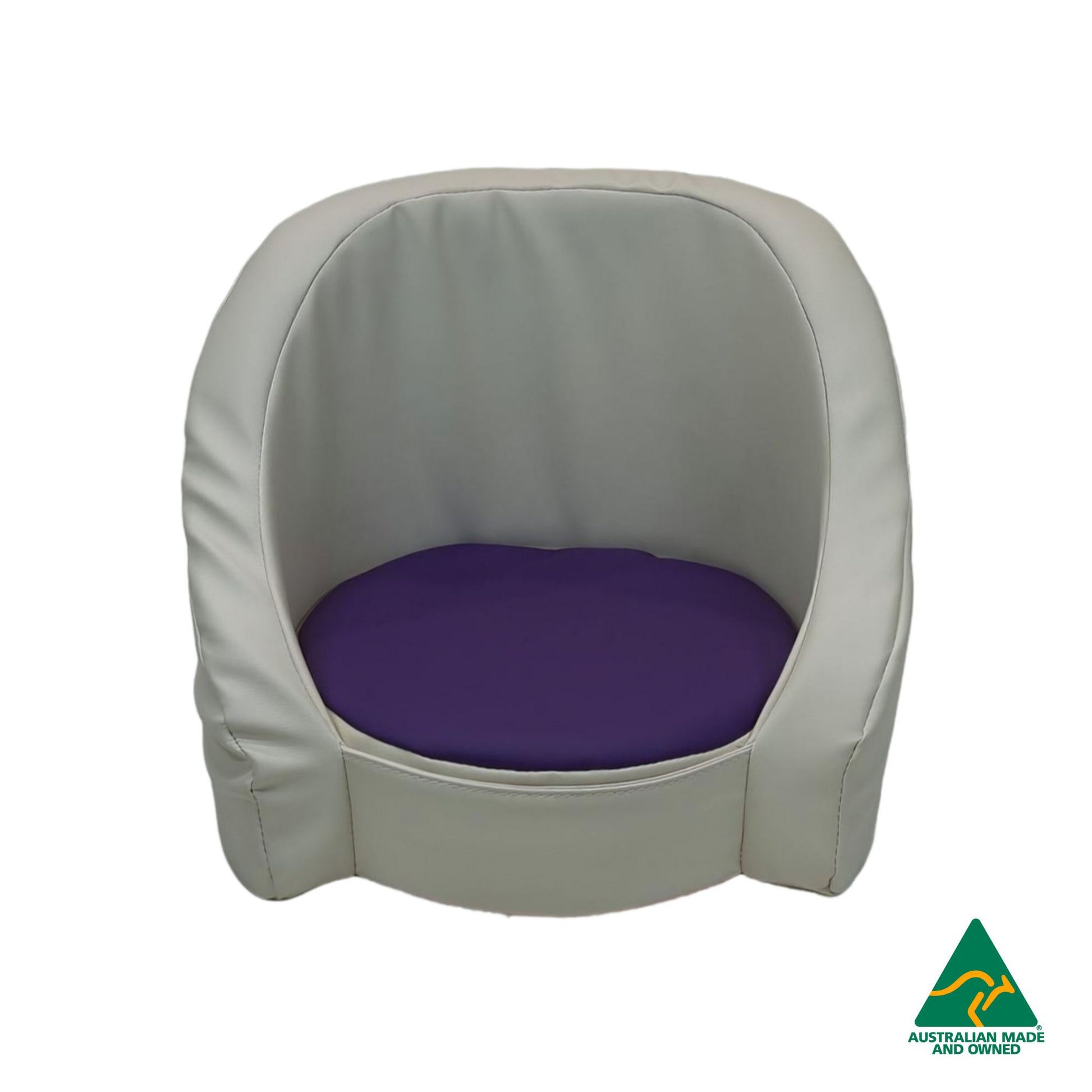 Front view of purple Hello Comfy Child Care Cuddle Chair made from waterproof PVC vinyl and foam, with customisable detachable dual-colour seat pad, Australian-made, ideal for child care and daycare centres