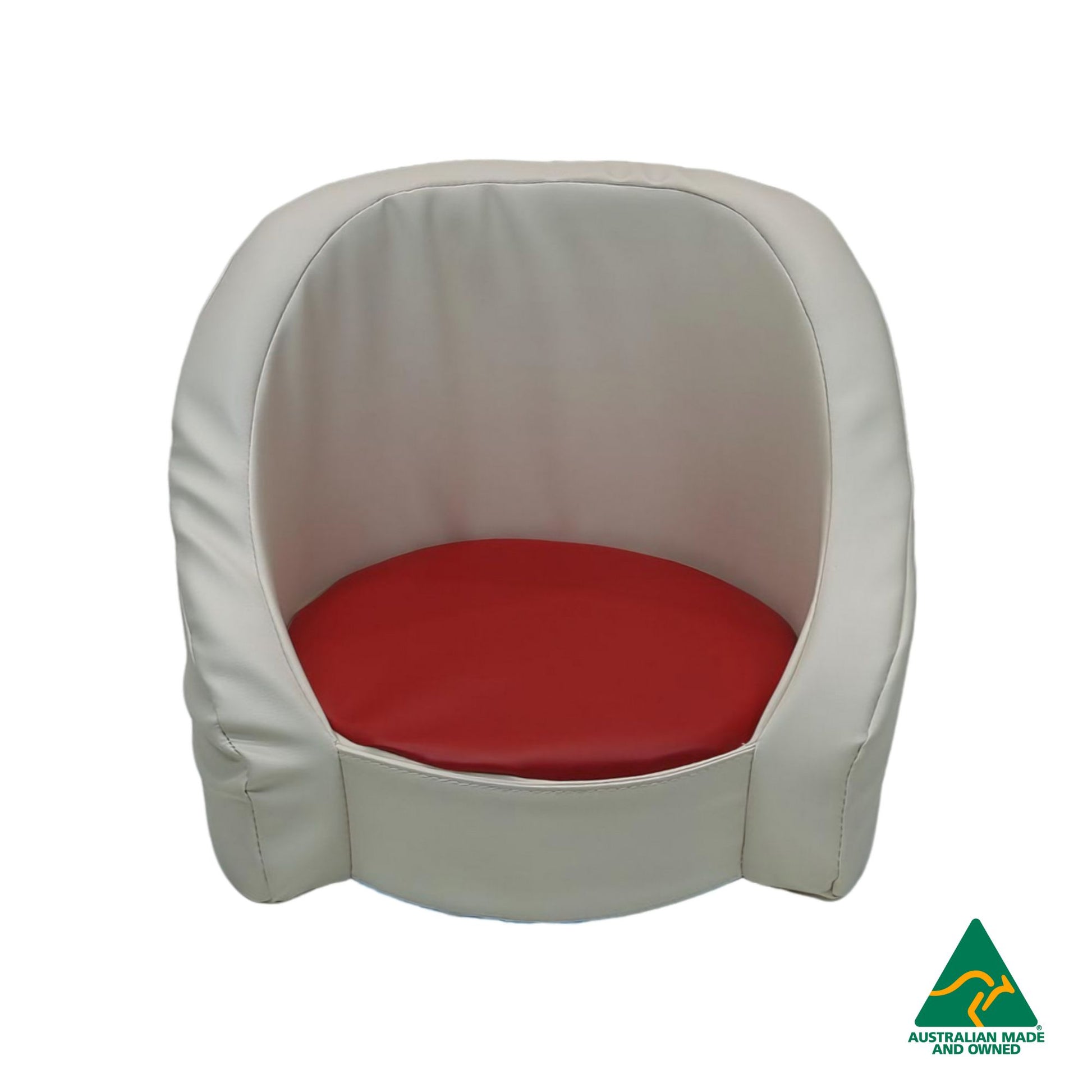 Front view of red Hello Comfy Child Care Cuddle Chair made from waterproof PVC vinyl and foam, with customisable detachable dual-colour seat pad, Australian-made, ideal for child care and daycare centres