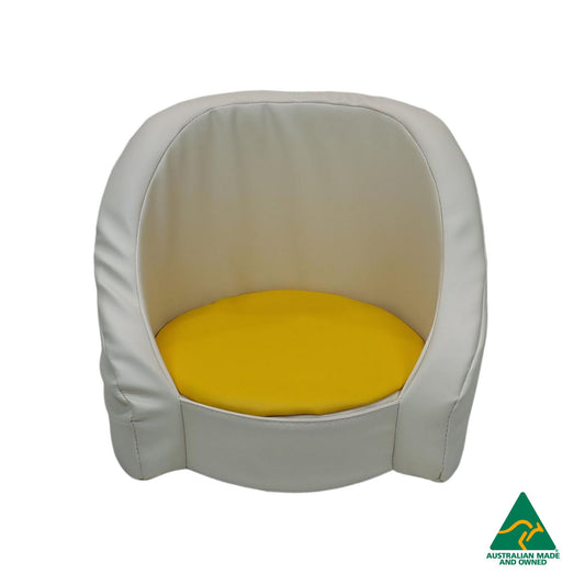 Front view of yellow Hello Comfy Child Care Cuddle Chair made from waterproof PVC vinyl and foam, with customisable detachable dual-colour seat pad, Australian-made, ideal for child care and daycare centres