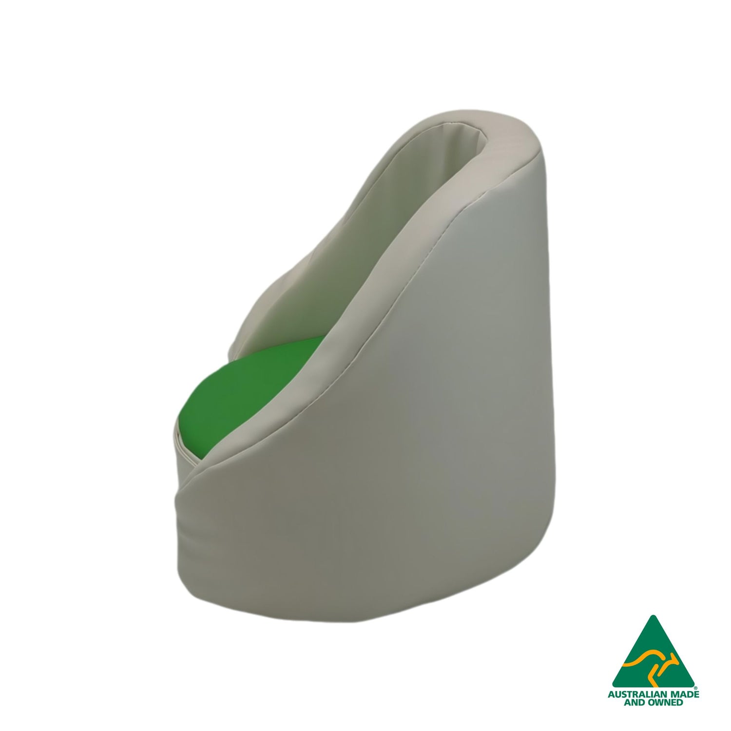 Side view of green Hello Comfy Child Care Cuddle Chair made from waterproof PVC vinyl and foam, with customisable detachable dual-colour seat pad, Australian-made, ideal for child care and daycare centres