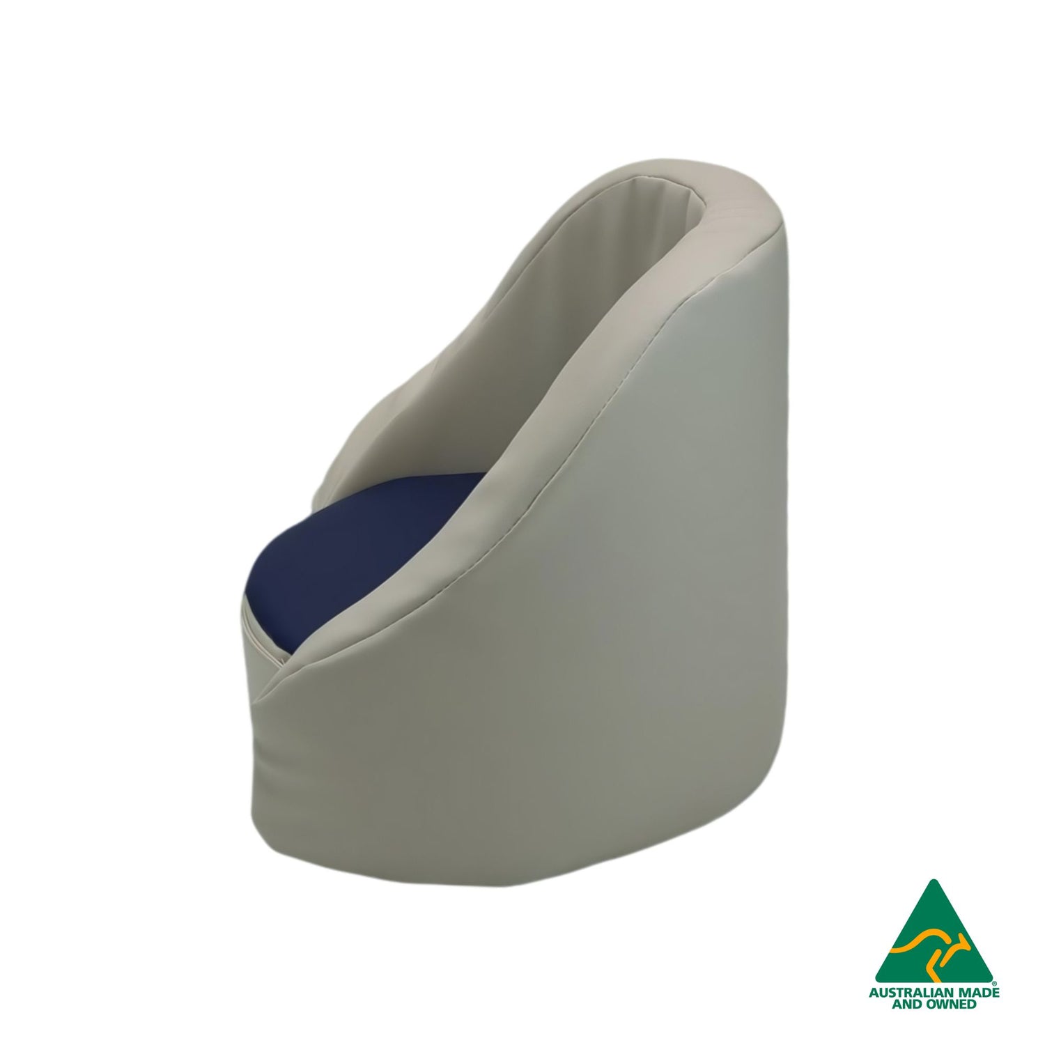Side view of navy Hello Comfy Child Care Cuddle Chair made from waterproof PVC vinyl and foam, with customisable detachable dual-colour seat pad, Australian-made, ideal for child care and daycare centres