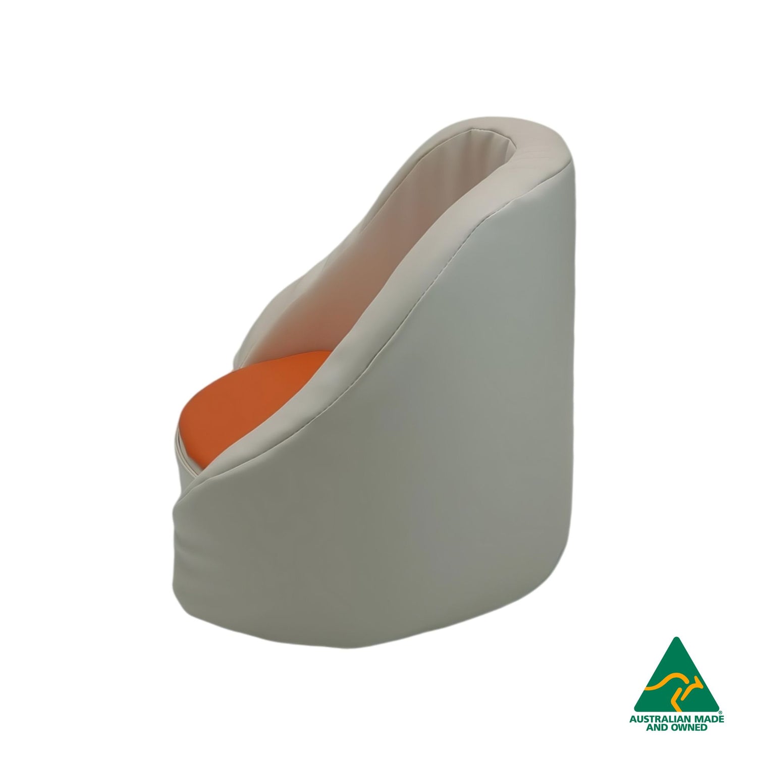 Side view of orange Hello Comfy Child Care Cuddle Chair made from waterproof PVC vinyl and foam, with customisable detachable dual-colour seat pad, Australian-made, ideal for child care and daycare centres