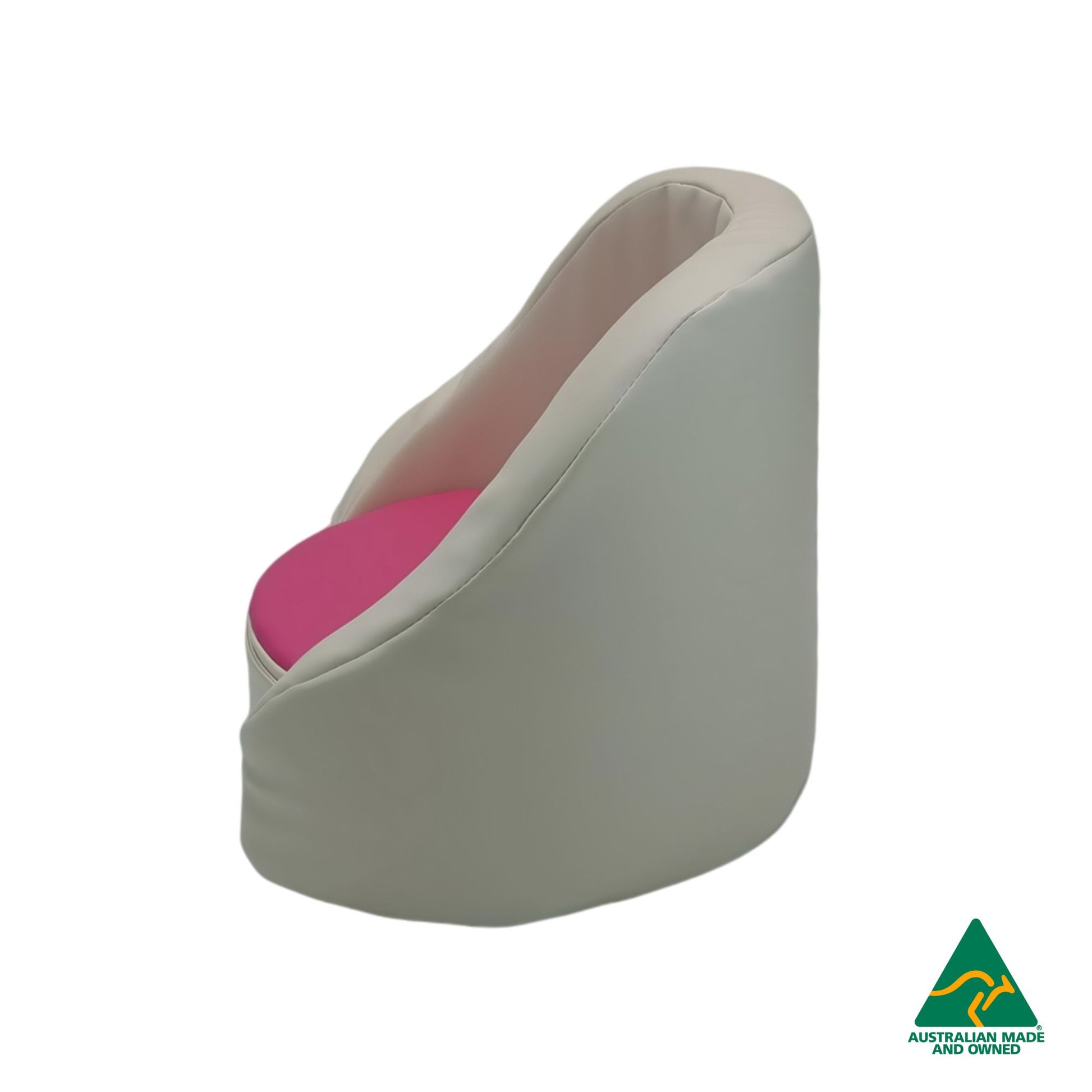 Side view of pink Hello Comfy Child Care Cuddle Chair made from waterproof PVC vinyl and foam, with customisable detachable dual-colour seat pad, Australian-made, ideal for child care and daycare centres