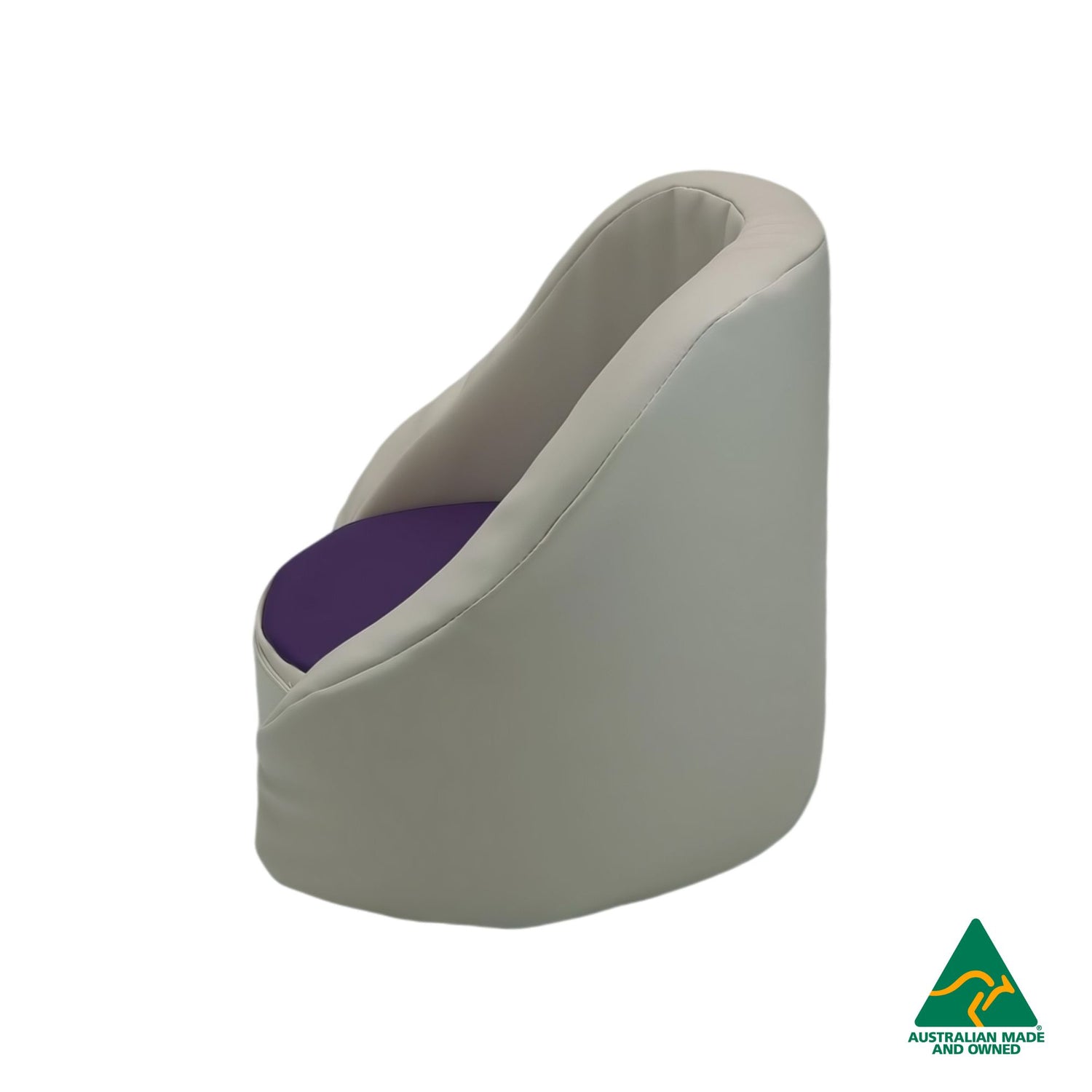 Side view of purple Hello Comfy Child Care Cuddle Chair made from waterproof PVC vinyl and foam, with customisable detachable dual-colour seat pad, Australian-made, ideal for child care and daycare centres