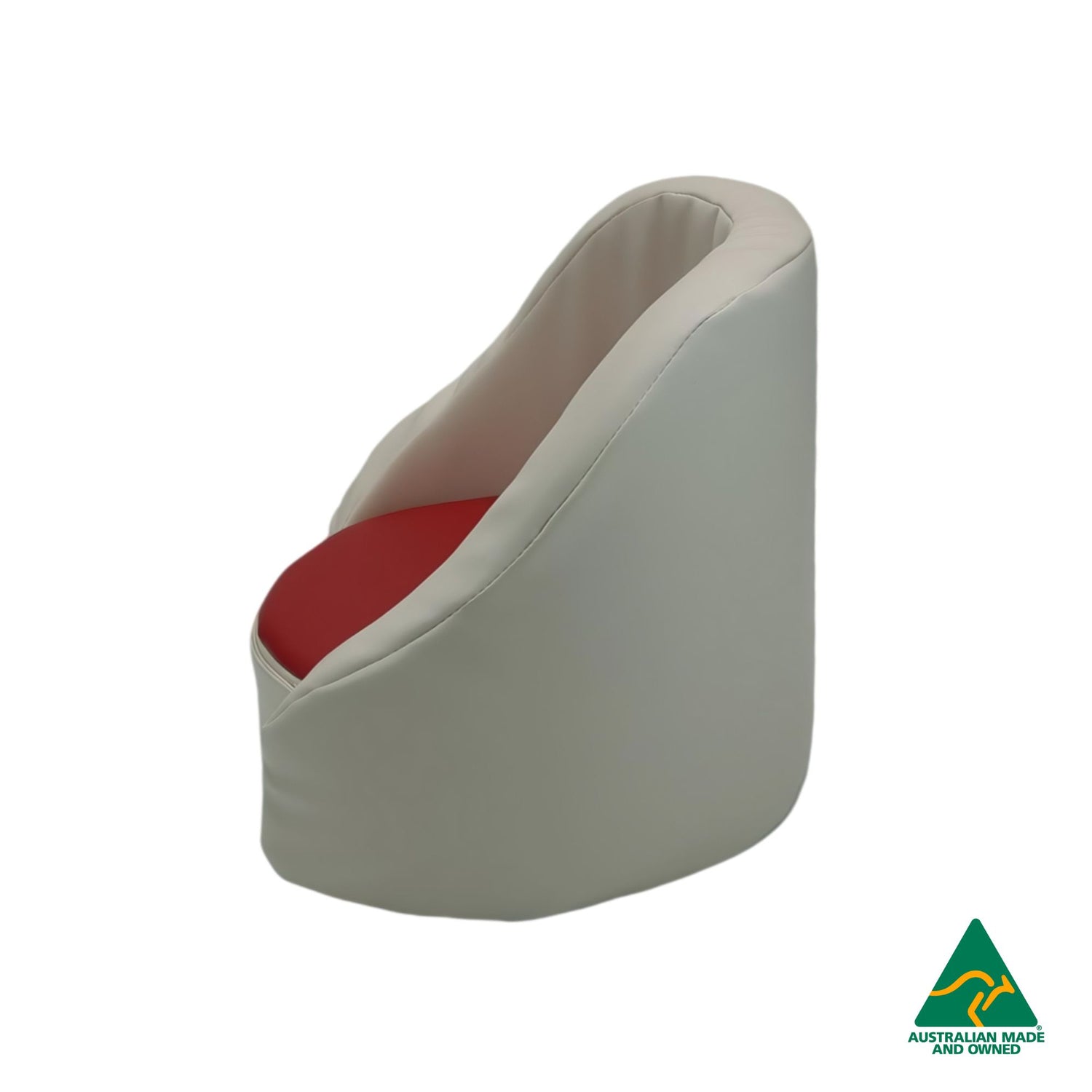 Side view of red Hello Comfy Child Care Cuddle Chair made from waterproof PVC vinyl and foam, with customisable detachable dual-colour seat pad, Australian-made, ideal for child care and daycare centres