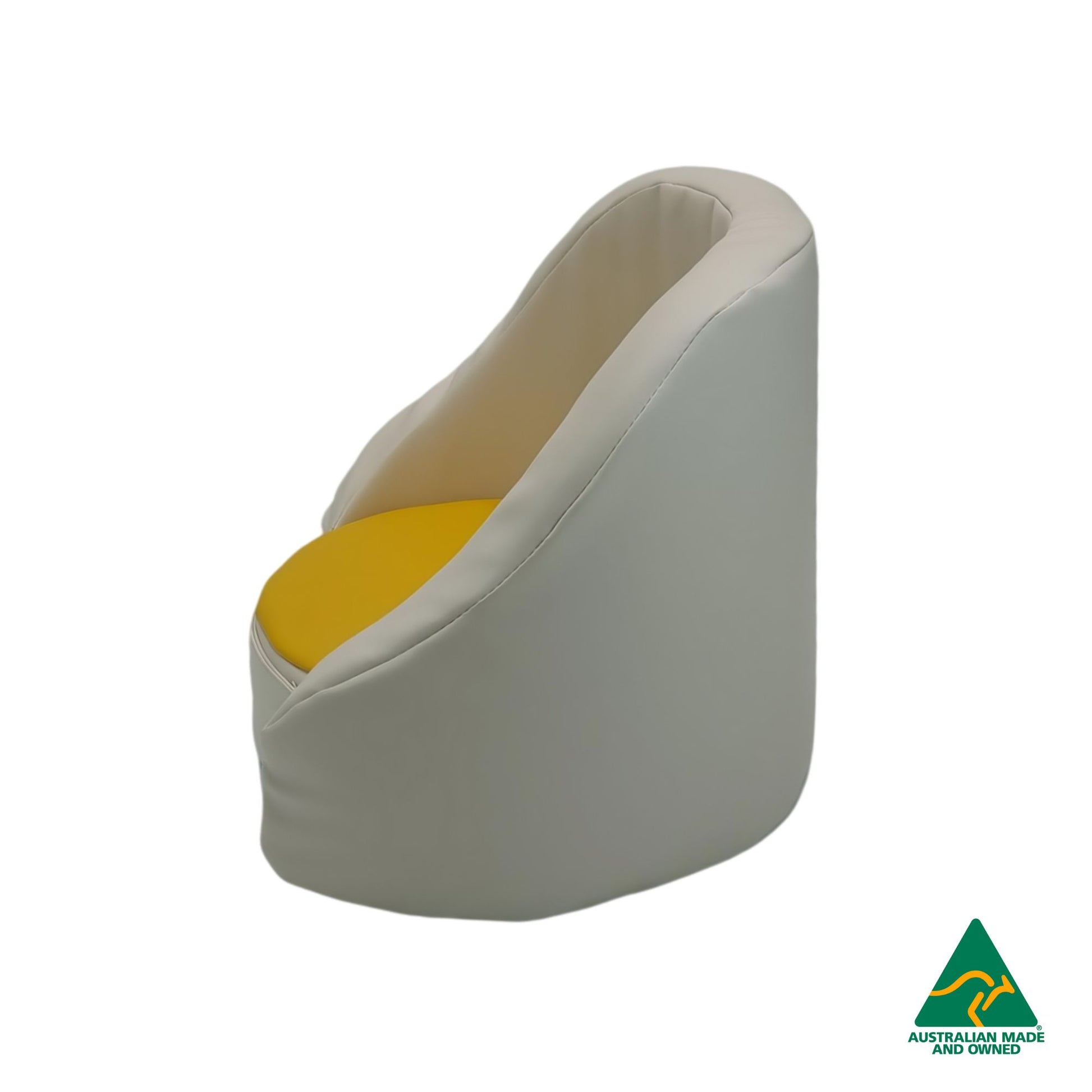 Side view of yellow Hello Comfy Child Care Cuddle Chair made from waterproof PVC vinyl and foam, with customisable detachable dual-colour seat pad, Australian-made, ideal for child care and daycare centres