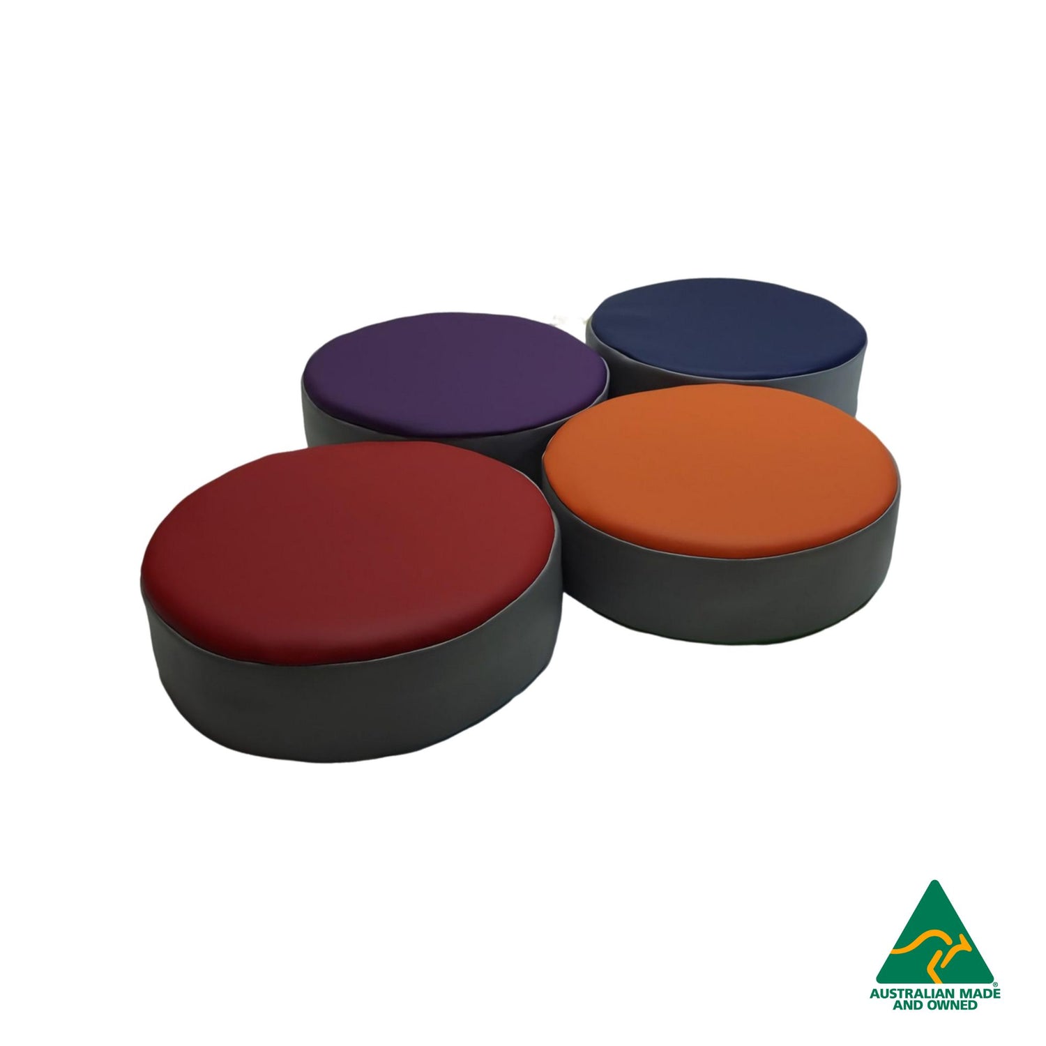 Front view of red, orange, purple and navy Hello Comfy Child Round Seat Pads made from waterproof PVC vinyl and foam, customisable dual-colour, Australian-made, ideal for child care and daycare centres