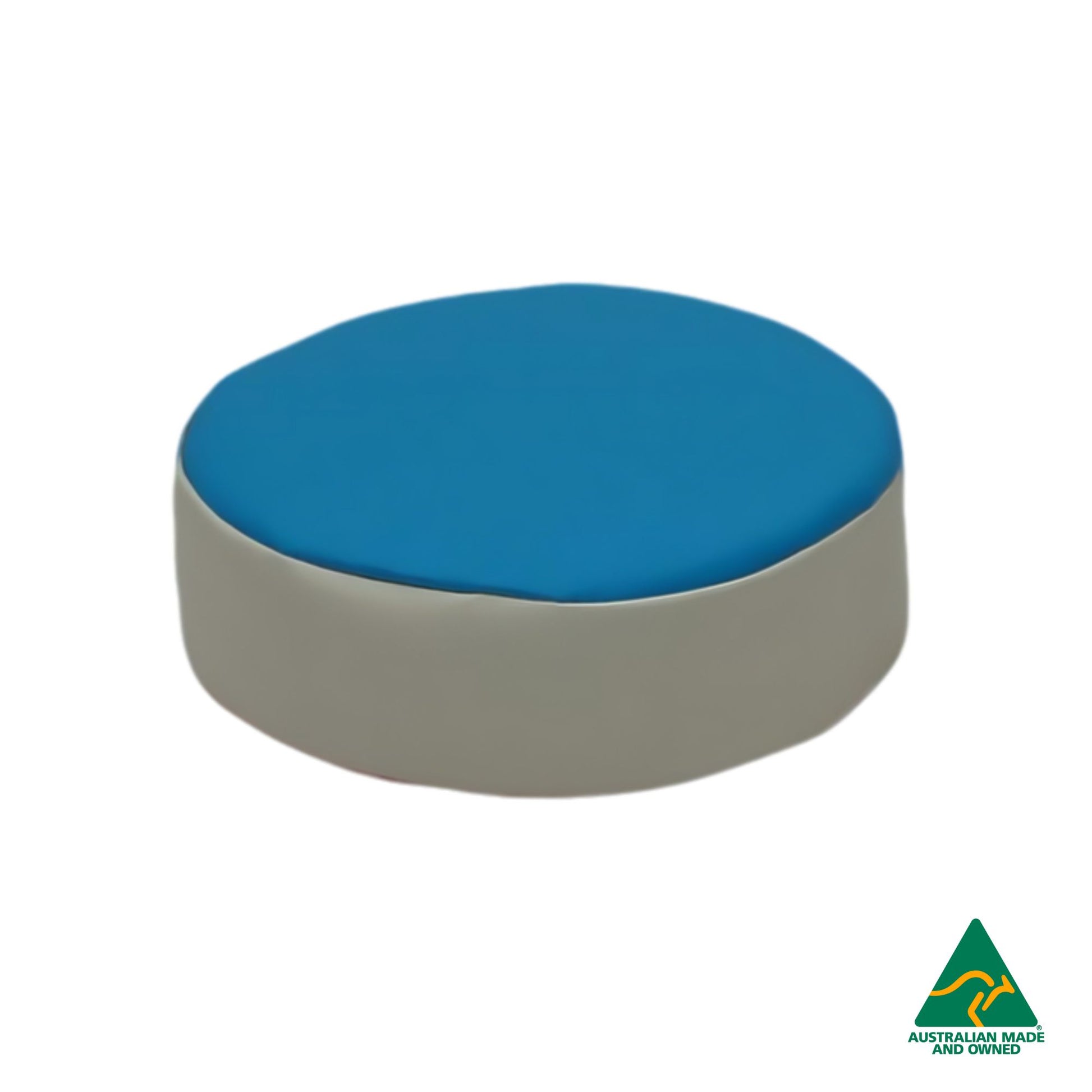 Front view of Blue Hello Comfy Child Round Seat Pad made from waterproof PVC vinyl and foam, customisable dual-colour, Australian-made, ideal for child care and daycare centres