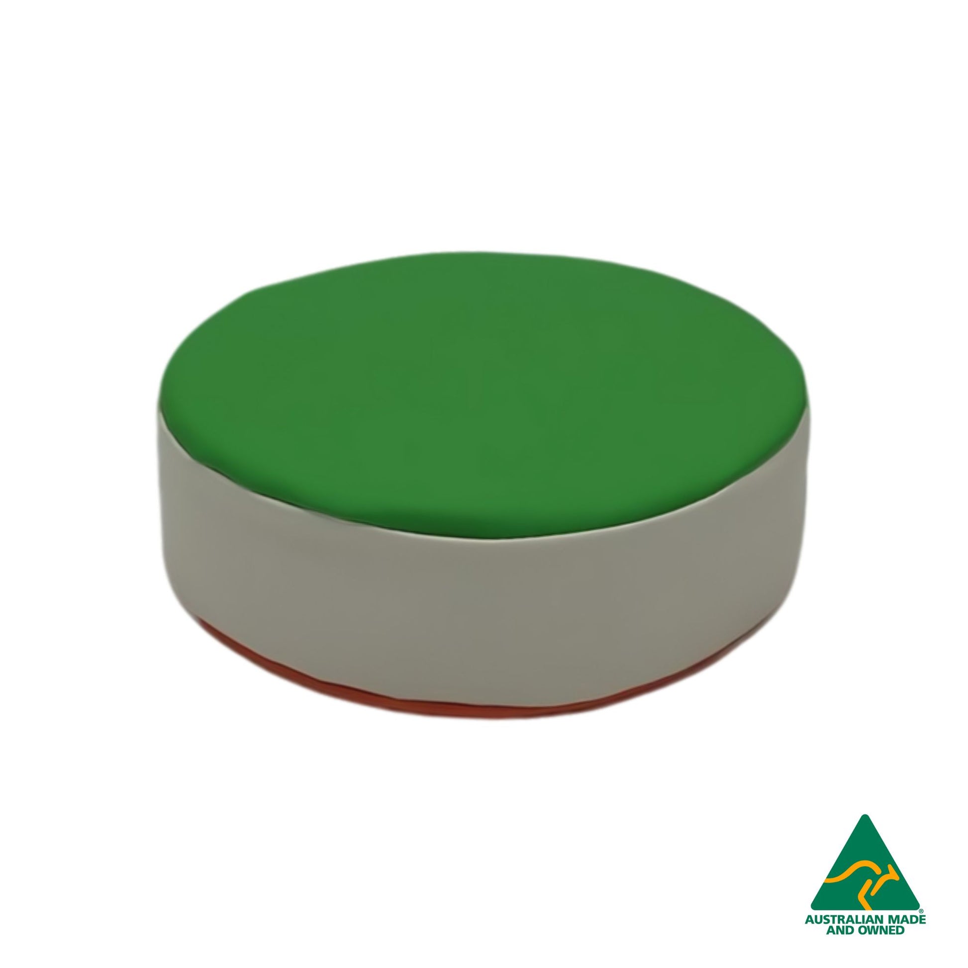Front view of Green Hello Comfy Child Round Seat Pad made from waterproof PVC vinyl and foam, customisable dual-colour, Australian-made, ideal for child care and daycare centres
