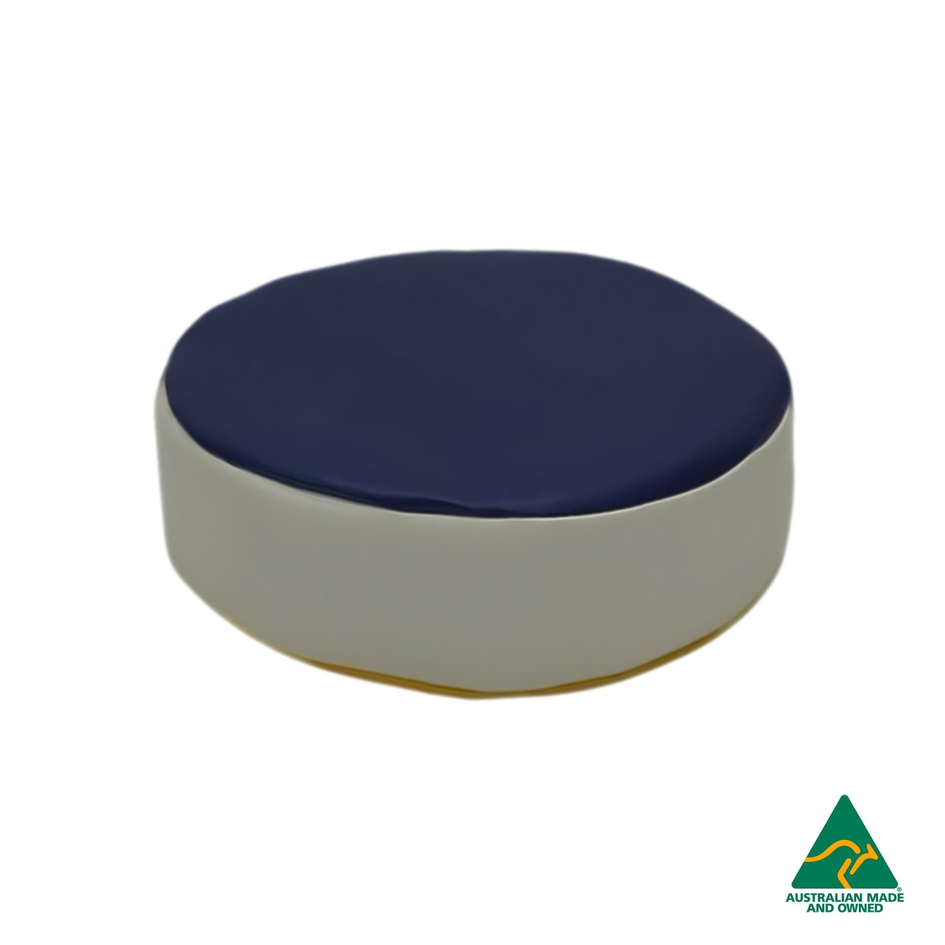 Front view of Navy Hello Comfy Child Round Seat Pad made from waterproof PVC vinyl and foam, customisable dual-colour, Australian-made, ideal for child care and daycare centres