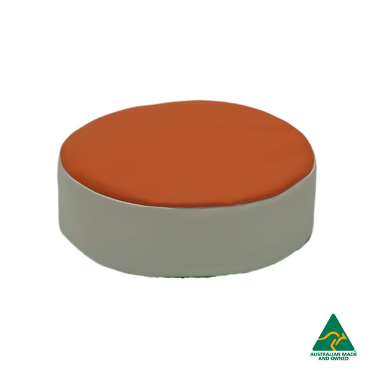 Front view of Orange Hello Comfy Child Round Seat Pad made from waterproof PVC vinyl and foam, customisable dual-colour, Australian-made, ideal for child care and daycare centres