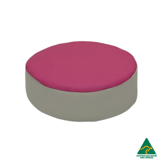 Front view of Pink Hello Comfy Child Round Seat Pad made from waterproof PVC vinyl and foam, customisable dual-colour, Australian-made, ideal for child care and daycare centres
