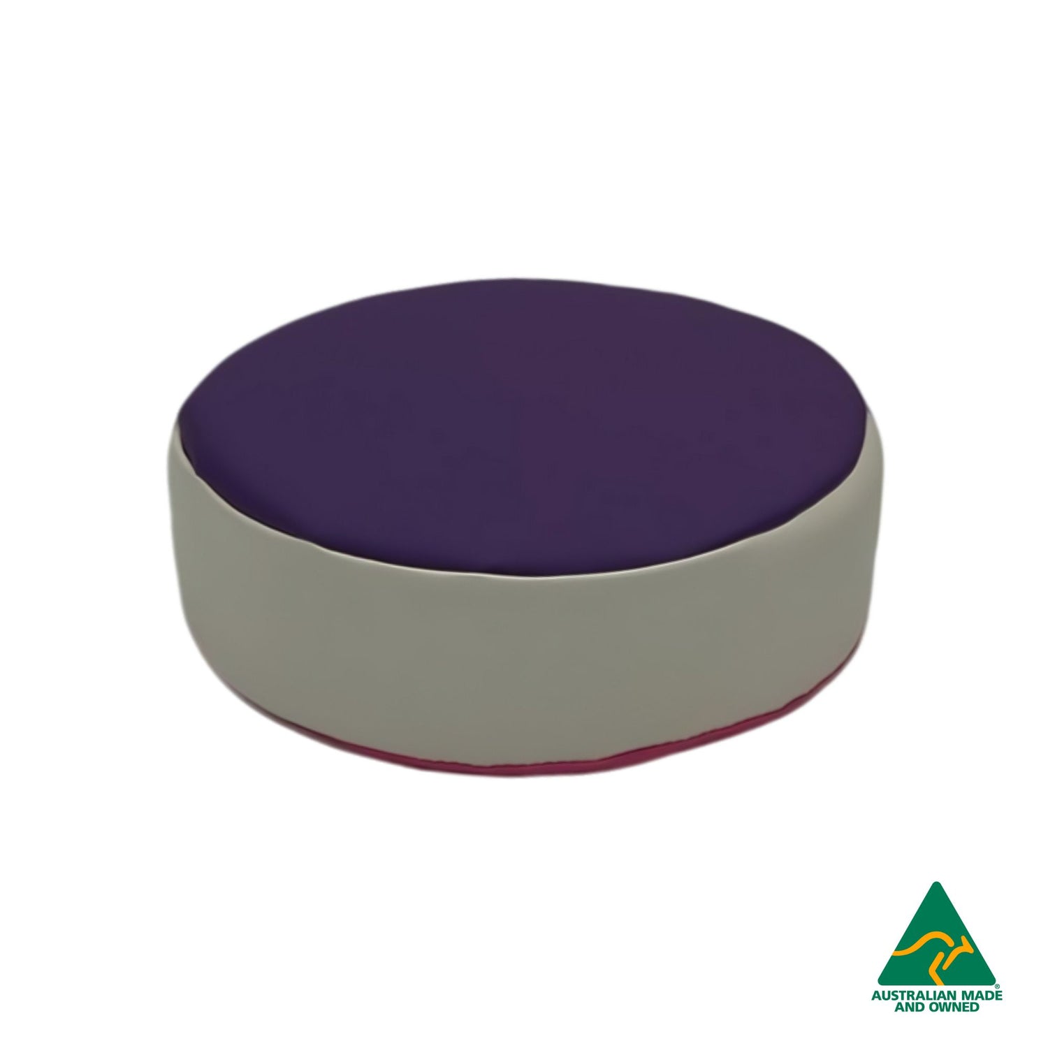 Front view of Purple Hello Comfy Child Round Seat Pad made from waterproof PVC vinyl and foam, customisable dual-colour, Australian-made, ideal for child care and daycare centres