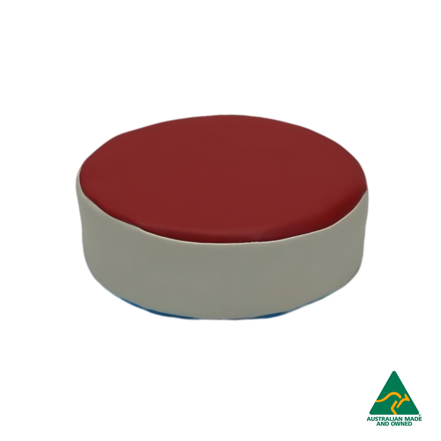 Front view of Red Hello Comfy Child Round Seat Pad made from waterproof PVC vinyl and foam, customisable dual-colour, Australian-made, ideal for child care and daycare centres