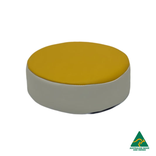 Front view of Yellow Hello Comfy Child Round Seat Pad made from waterproof PVC vinyl and foam, customisable dual-colour, Australian-made, ideal for child care and daycare centres