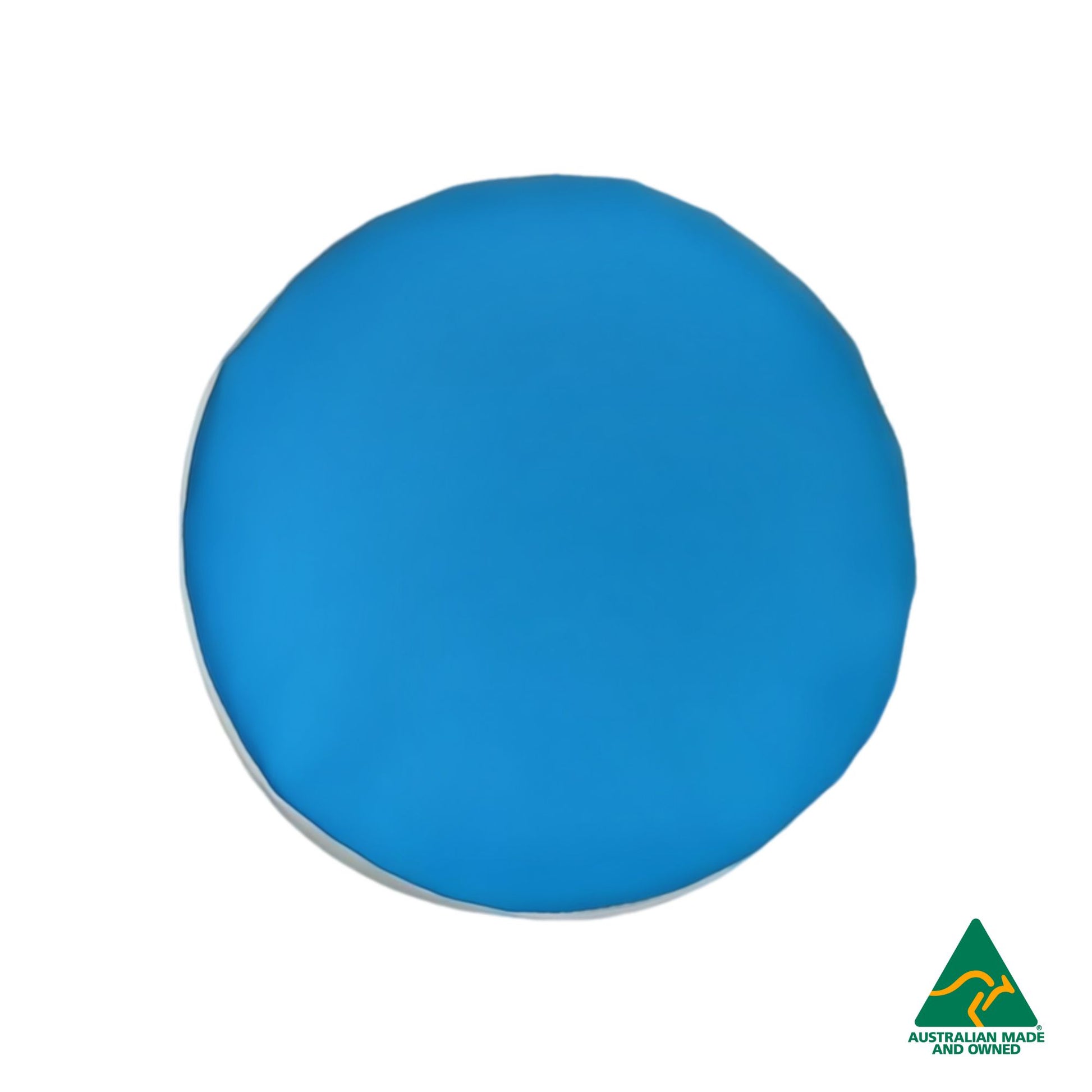 Top view of Blue Hello Comfy Child Round Seat Pad made from waterproof PVC vinyl and foam, customisable dual-colour, Australian-made, ideal for child care and daycare centres