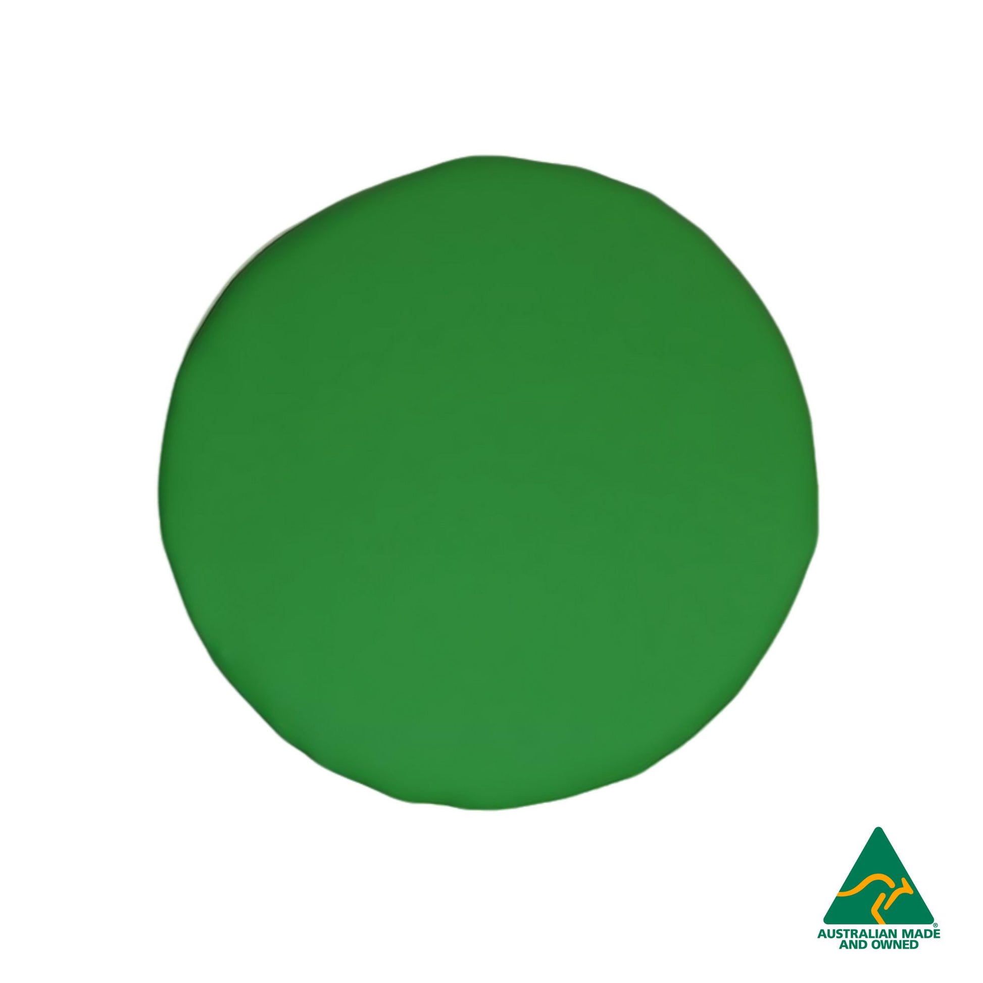 Top view of Green Hello Comfy Child Round Seat Pad made from waterproof PVC vinyl and foam, customisable dual-colour, Australian-made, ideal for child care and daycare centres