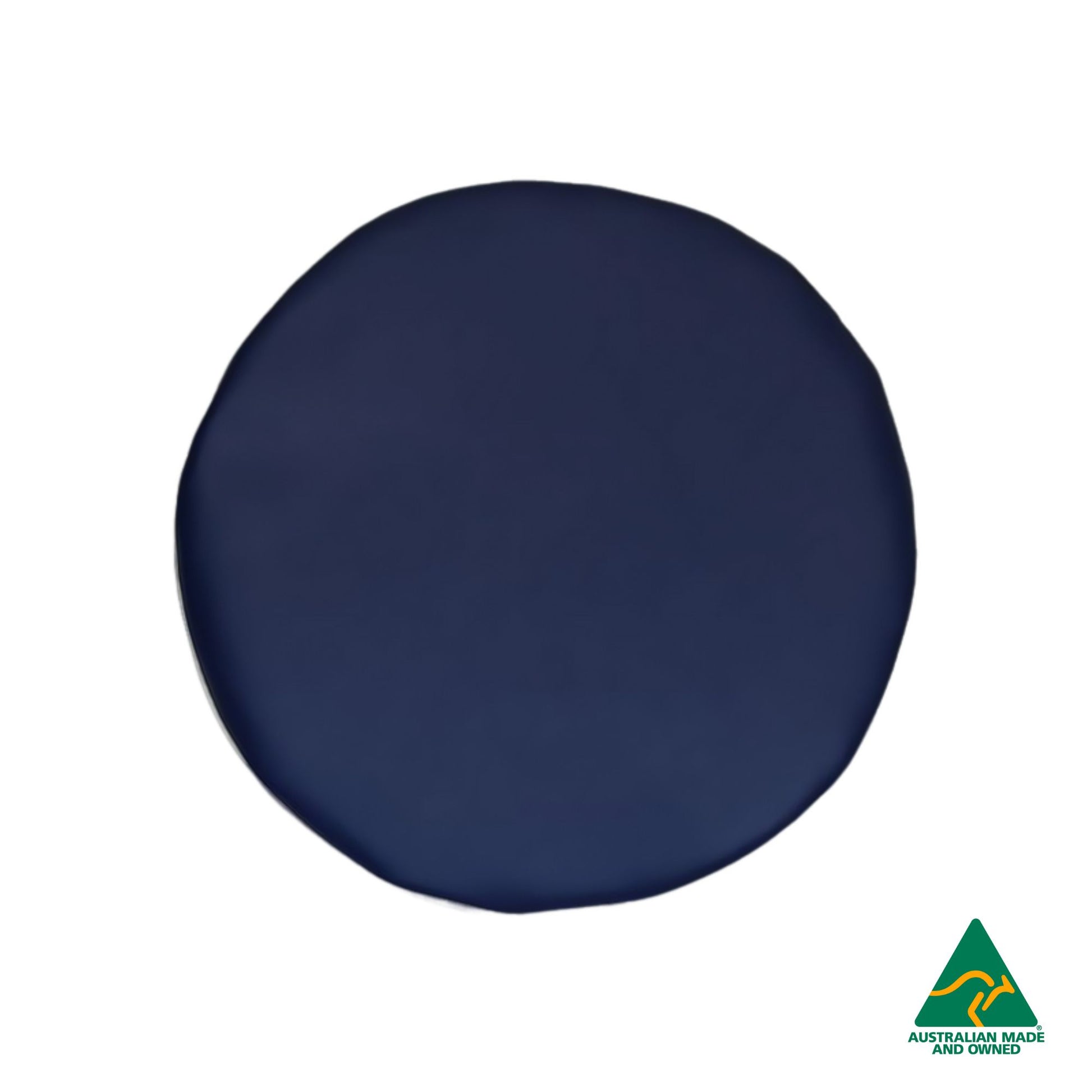 Top view of Navy Hello Comfy Child Round Seat Pad made from waterproof PVC vinyl and foam, customisable dual-colour, Australian-made, ideal for child care and daycare centres