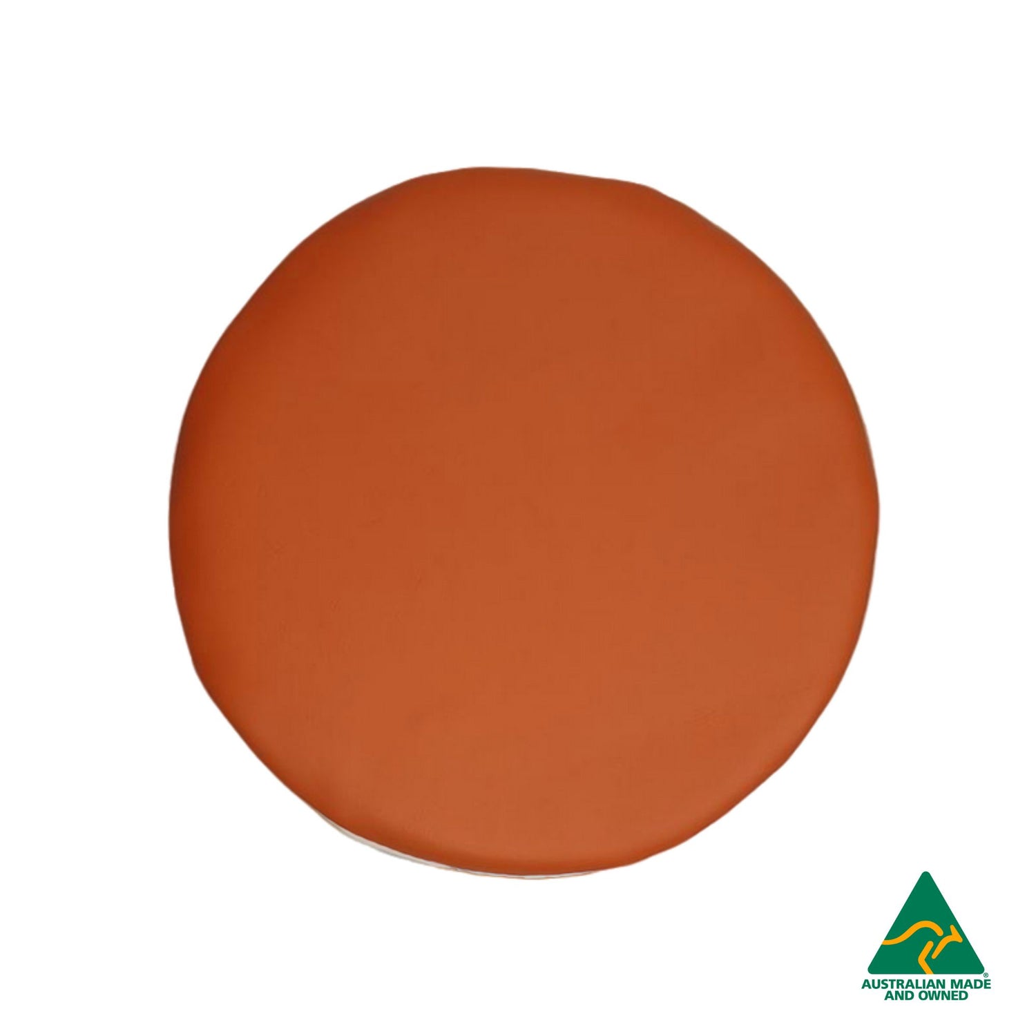 Top view of Orange Hello Comfy Child Round Seat Pad made from waterproof PVC vinyl and foam, customisable dual-colour, Australian-made, ideal for child care and daycare centres