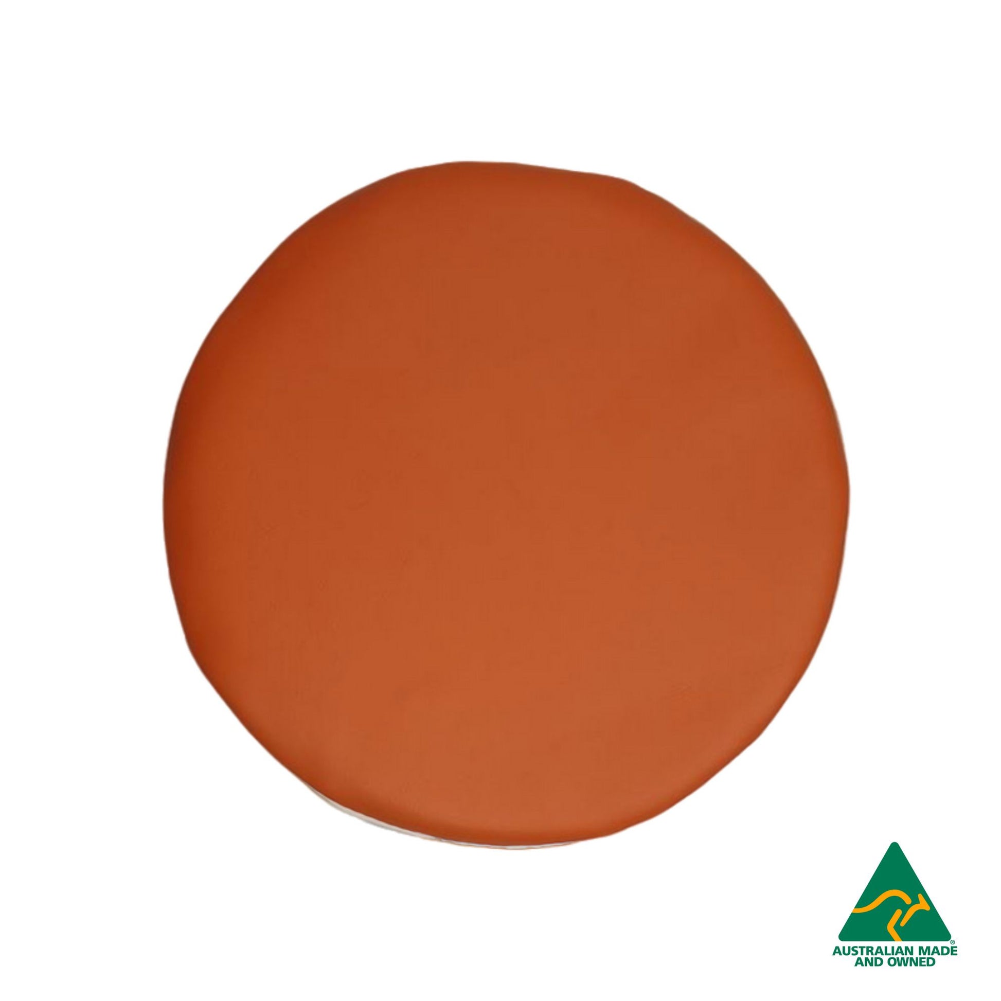 Top view of Orange Hello Comfy Child Round Seat Pad made from waterproof PVC vinyl and foam, customisable dual-colour, Australian-made, ideal for child care and daycare centres