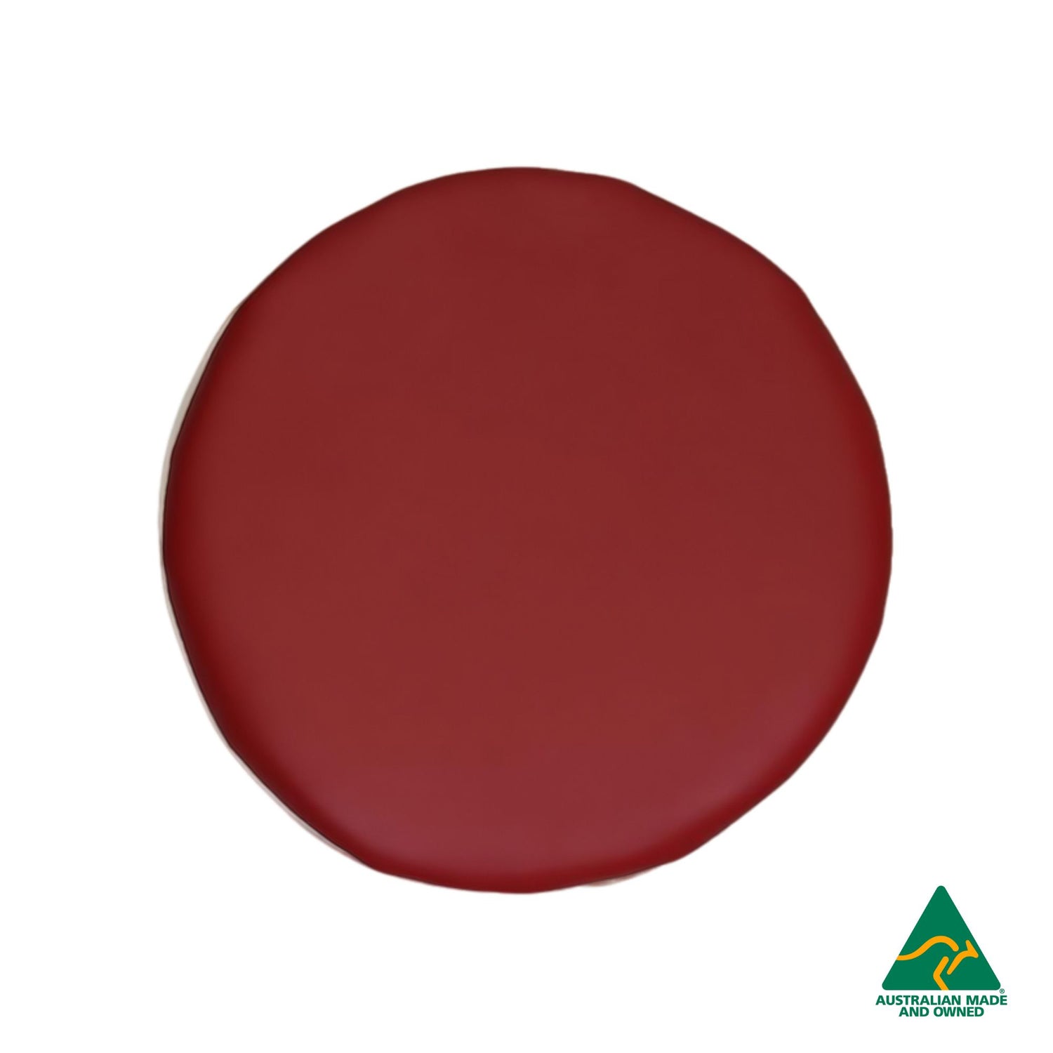 Top view of Red Hello Comfy Child Round Seat Pad made from waterproof PVC vinyl and foam, customisable dual-colour, Australian-made, ideal for child care and daycare centres