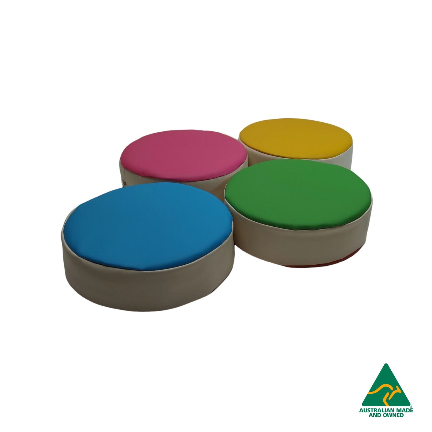 Front view of blue, green, pink and yellow Hello Comfy Child Round Seat Pads made from waterproof PVC vinyl and foam, customisable dual-colour, Australian-made, ideal for child care and daycare centres