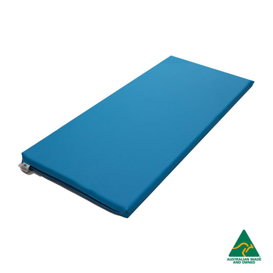 Blue Hello Comfy Child Care Sleep Mat made from waterproof PVC vinyl and foam, tested to AS/NZS 8811.1:2013, Australian-made for daycare and child care use