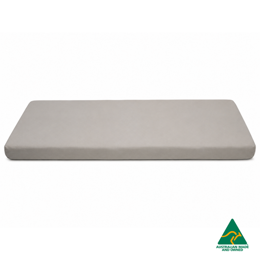 Side view of a Beige Hello Comfy 100% cotton fitted bottom sheet for a child care sleep mat, fully elasticated and Australian made for daycare centres.