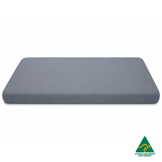 Side view of a Pastel Blue Hello Comfy 100% cotton fitted bottom sheet for a child care sleep mat, fully elasticated and Australian made for daycare centres.