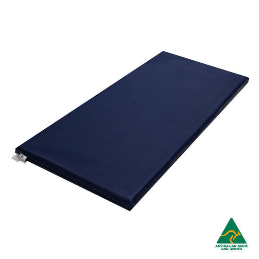 Navy Hello Comfy Child Care Sleep Mat made from waterproof PVC vinyl and foam, tested to AS/NZS 8811.1:2013, Australian-made for daycare and child care use