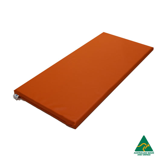 Orange Hello Comfy Child Care Sleep Mat made from waterproof PVC vinyl and foam, tested to AS/NZS 8811.1:2013, Australian-made for daycare and child care use