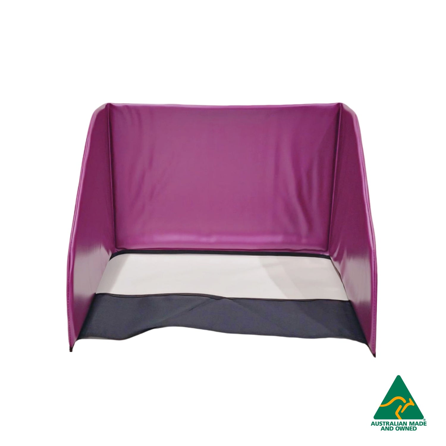 Front view of Purple Hello Comfy Child Care Sleep Mat Privacy Divider made from waterproof PVC and foam, reduces distractions for naptime, Australian-made for daycare and child care centres