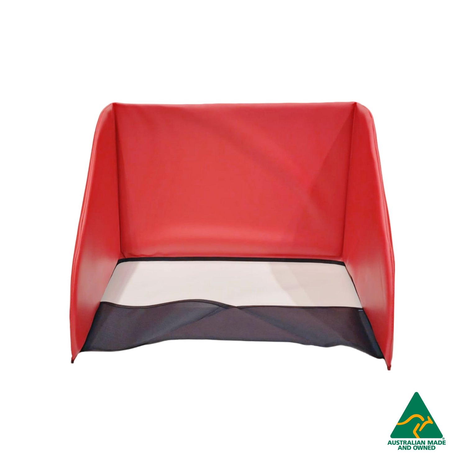 Front view of Red Hello Comfy Child Care Sleep Mat Privacy Divider made from waterproof PVC and foam, reduces distractions for naptime, Australian-made for daycare and child care centres