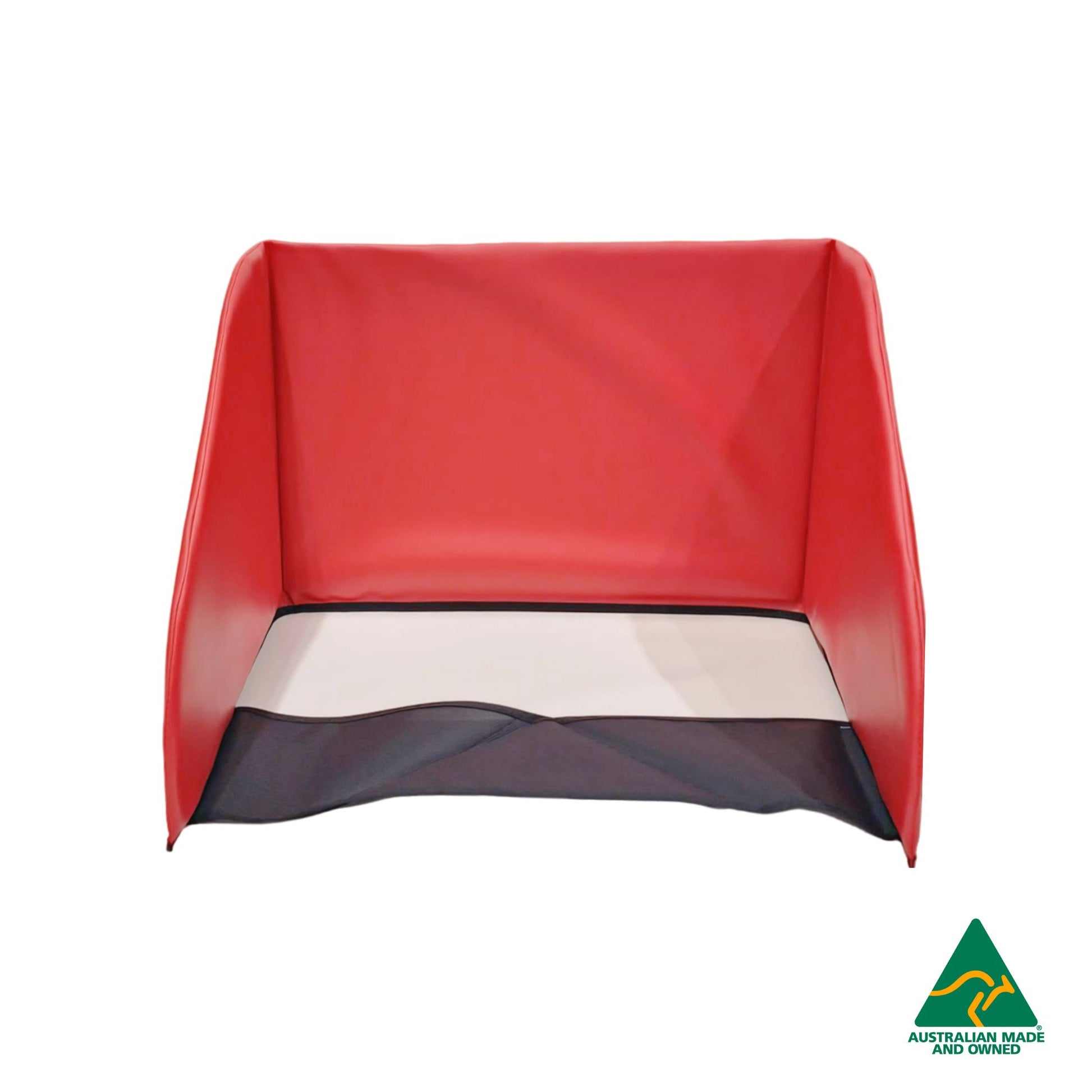 Front view of Red Hello Comfy Child Care Sleep Mat Privacy Divider made from waterproof PVC and foam, reduces distractions for naptime, Australian-made for daycare and child care centres