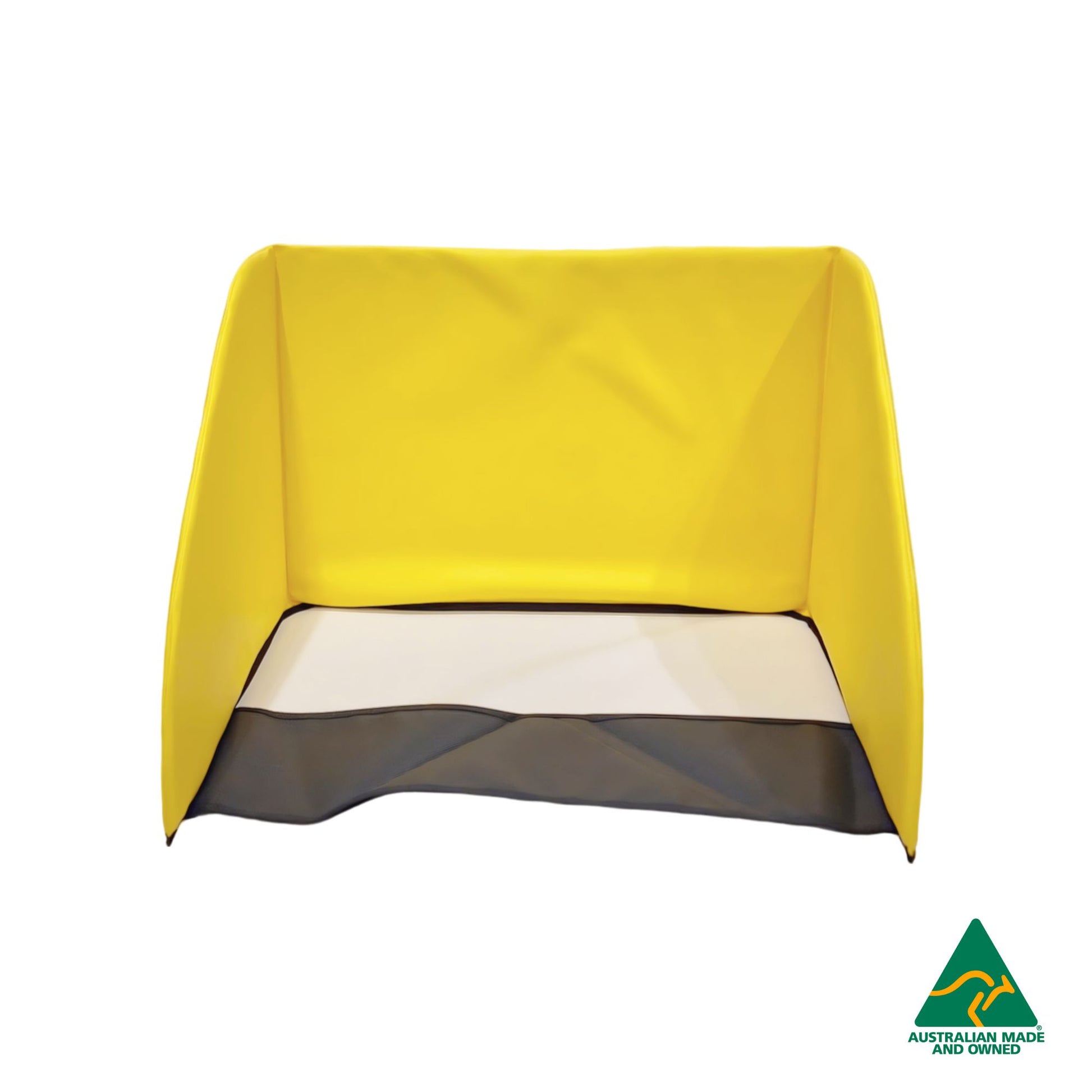 Front view of Yellow Hello Comfy Child Care Sleep Mat Privacy Divider made from waterproof PVC and foam, reduces distractions for naptime, Australian-made for daycare and child care centres