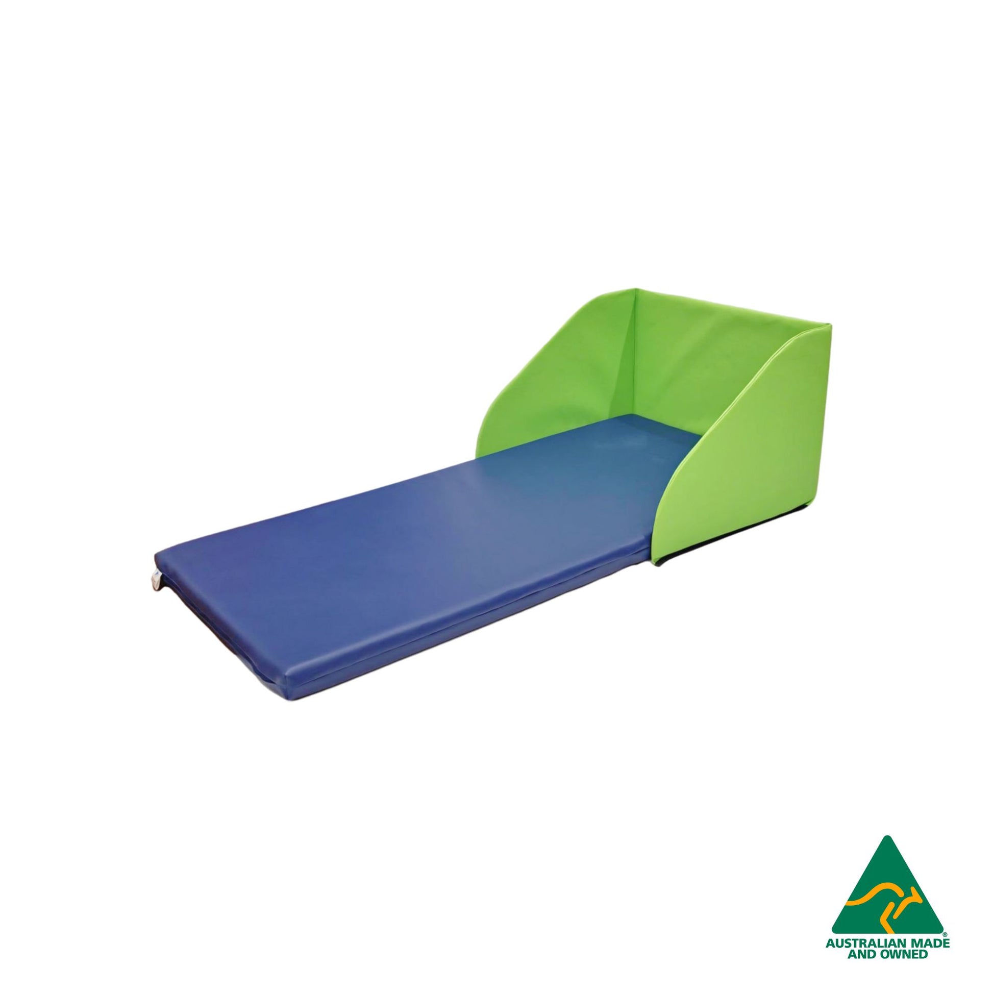 Green Hello Comfy Child Care Sleep Mat Privacy Divider attached to sleep mat, made from waterproof PVC and foam, reduces distractions for naptime, Australian-made for daycare and child care centres