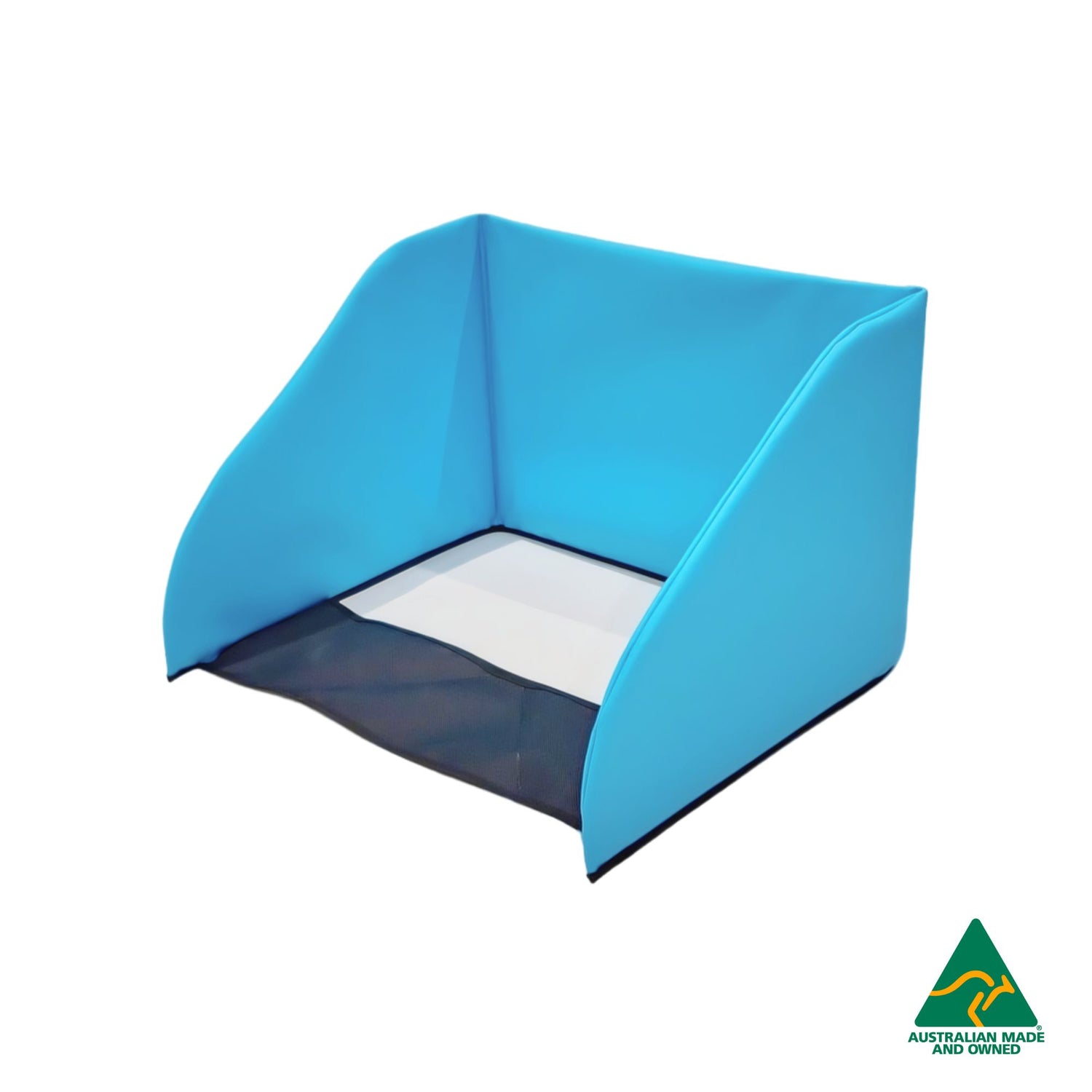 Side view of Blue Hello Comfy Child Care Sleep Mat Privacy Divider made from waterproof PVC and foam, reduces distractions for naptime, Australian-made for daycare and child care centres