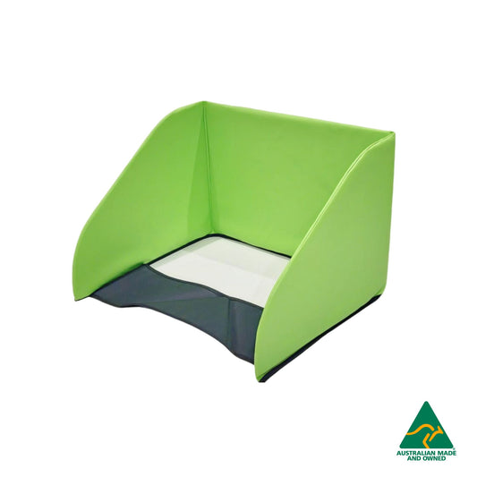 Side view of Green Hello Comfy Child Care Sleep Mat Privacy Divider made from waterproof PVC and foam, reduces distractions for naptime, Australian-made for daycare and child care centres