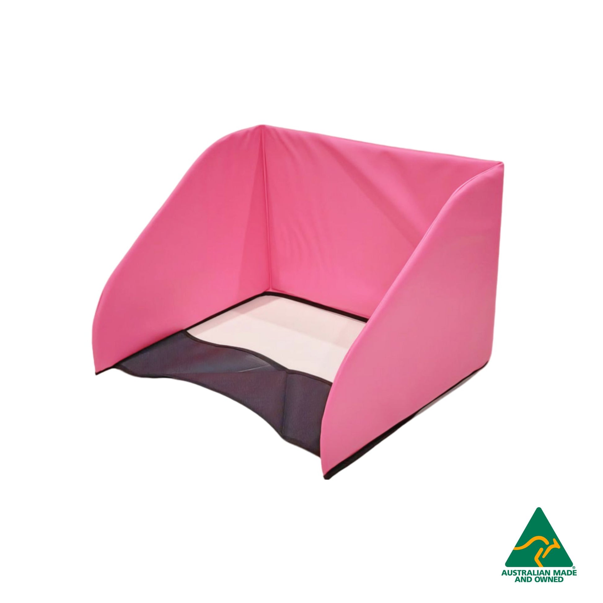 Side view of Pink Hello Comfy Child Care Sleep Mat Privacy Divider made from waterproof PVC and foam, reduces distractions for naptime, Australian-made for daycare and child care centres