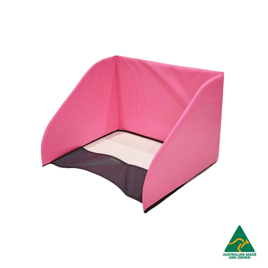 Side view of Pink Hello Comfy Child Care Sleep Mat Privacy Divider made from waterproof PVC and foam, reduces distractions for naptime, Australian-made for daycare and child care centres