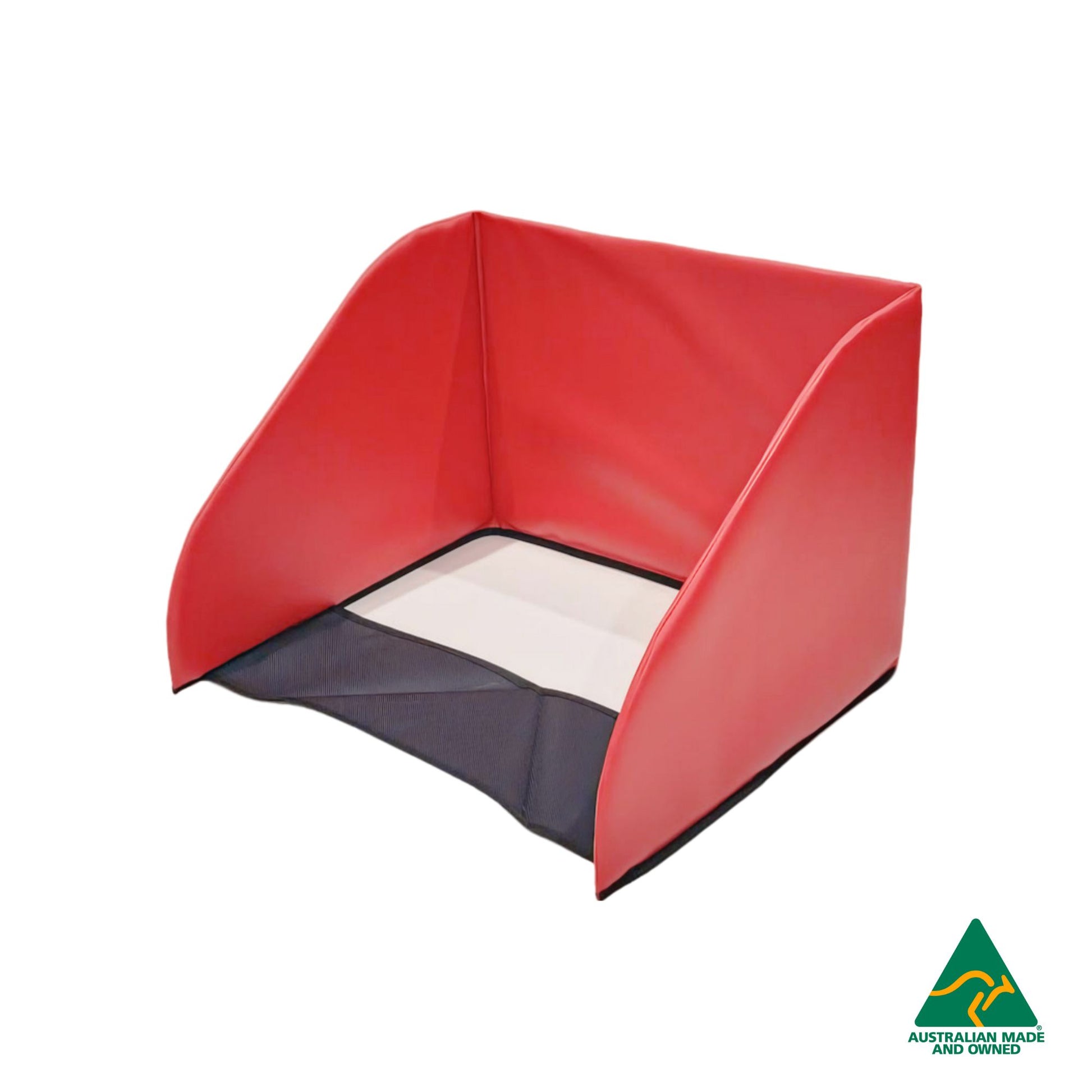 Side view of Red Hello Comfy Child Care Sleep Mat Privacy Divider made from waterproof PVC and foam, reduces distractions for naptime, Australian-made for daycare and child care centres